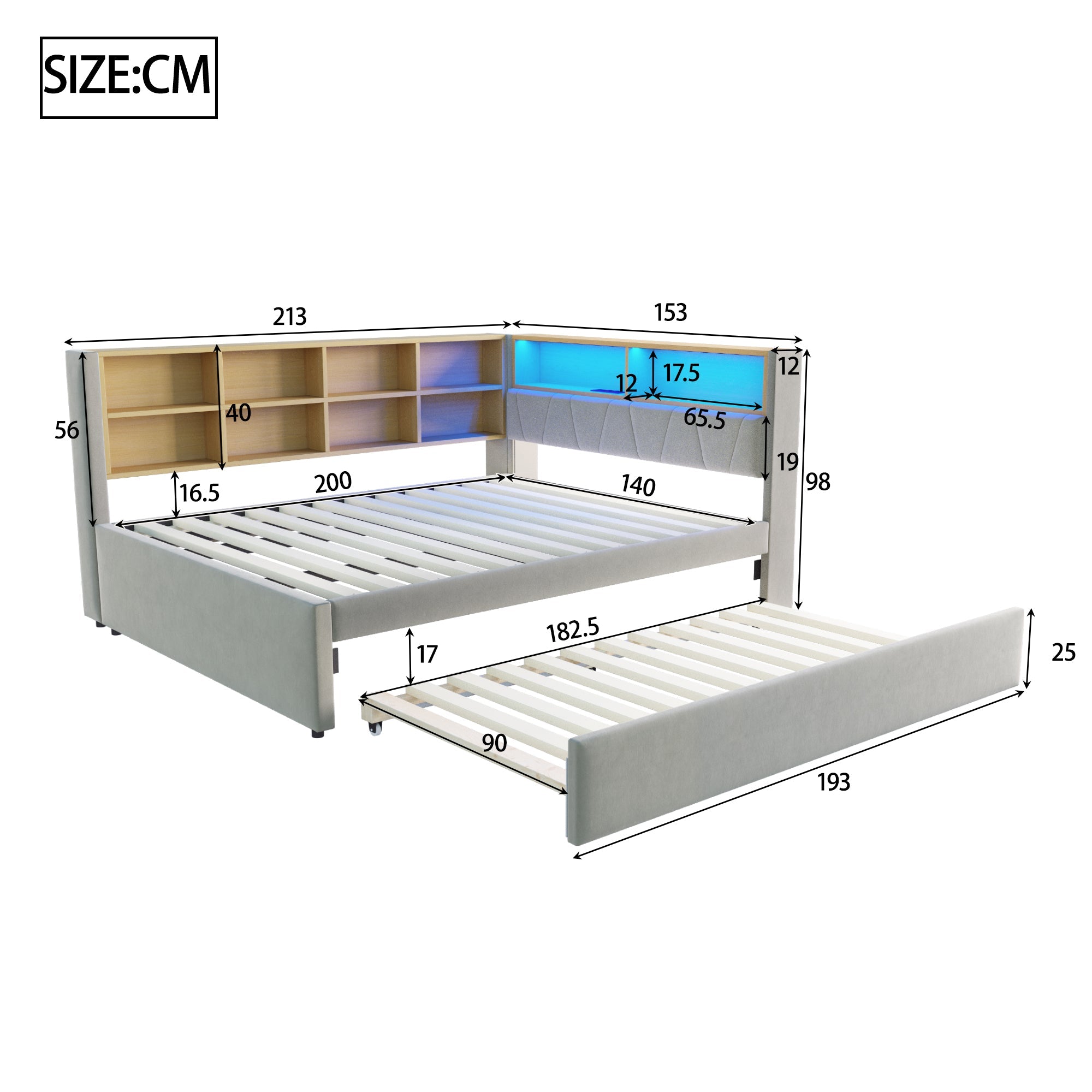 Sofa Bed 140x200, Pull-out Bed 90x190, LED Lights, Storage, Upholstered, Flannel, Light Gray