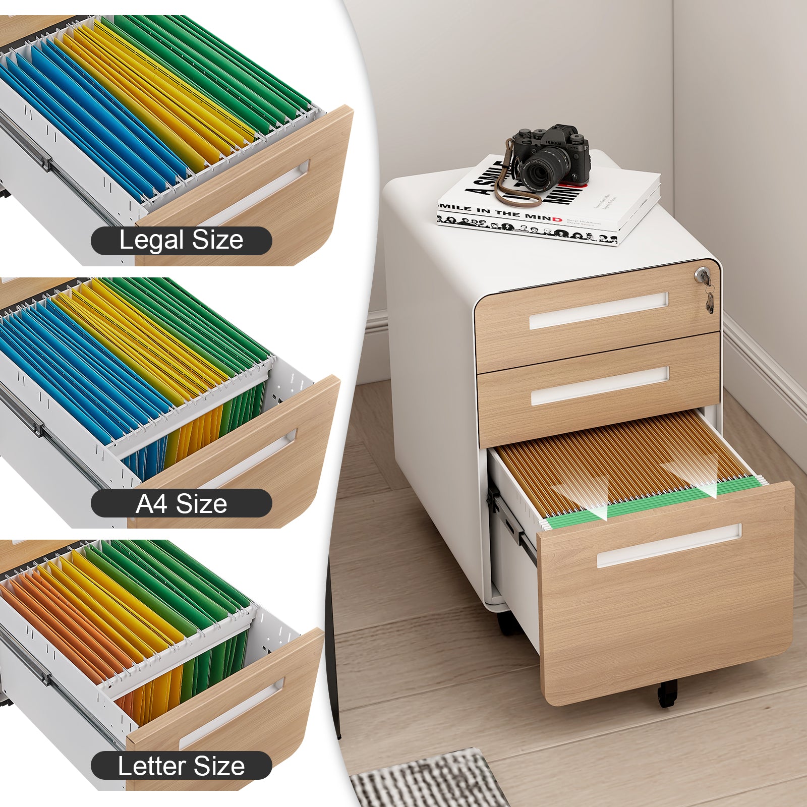 Mobile File Cabinet, 3 Drawer Under Desk Storage Legal/A4 Anti-Tilt Steel, White