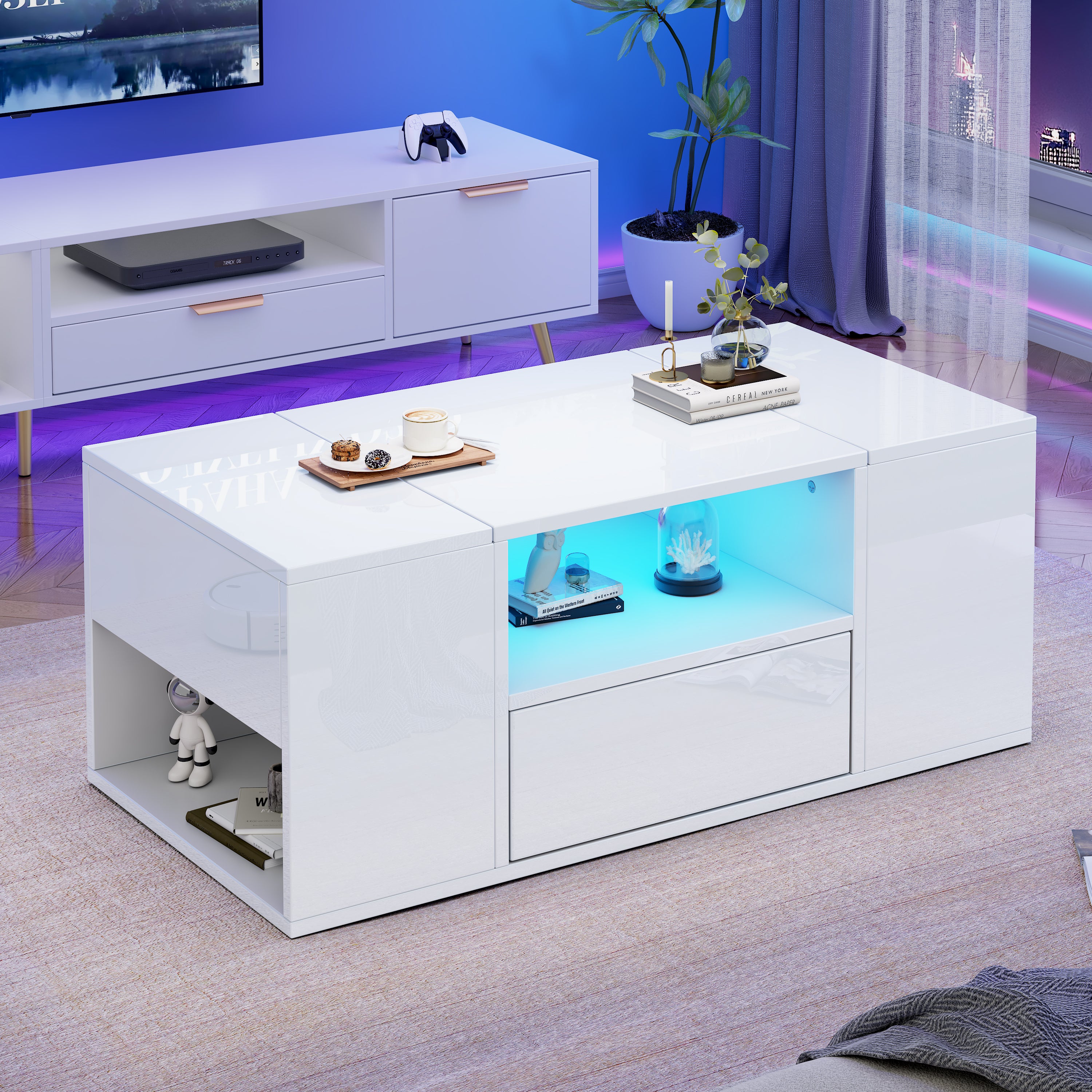 Coffee Table 100x50x40cm, LED Lights, 6 Storage Compartments, White