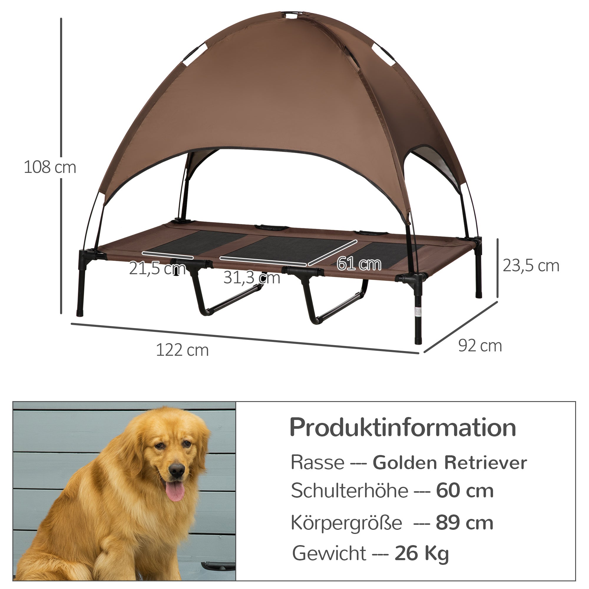 Pet Bed with Canopy, Elevated Outdoor Breathable, Taffeta Coffee