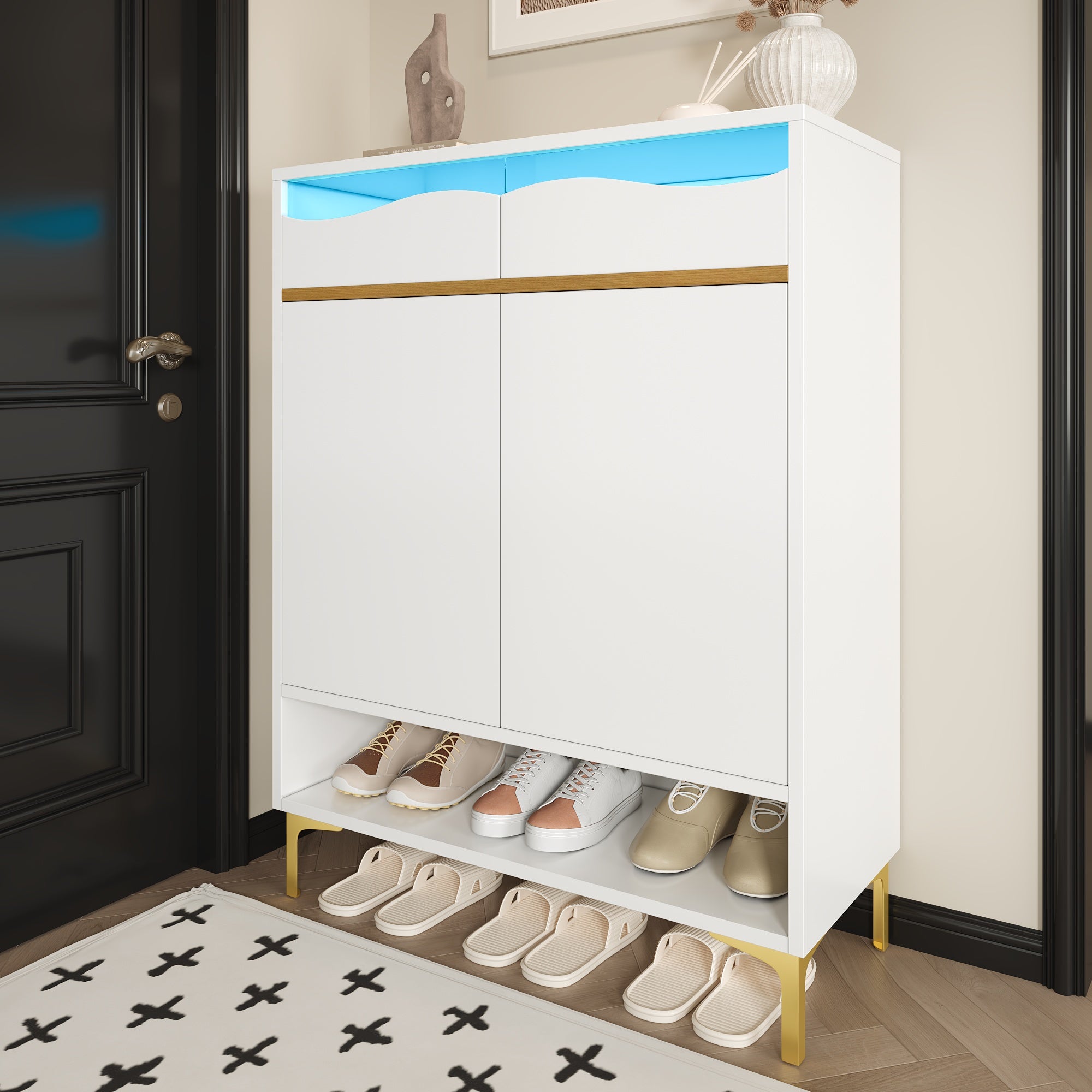 Shoe Cabinet, LED 16 Colors, Drawers & Shelves, Modern White