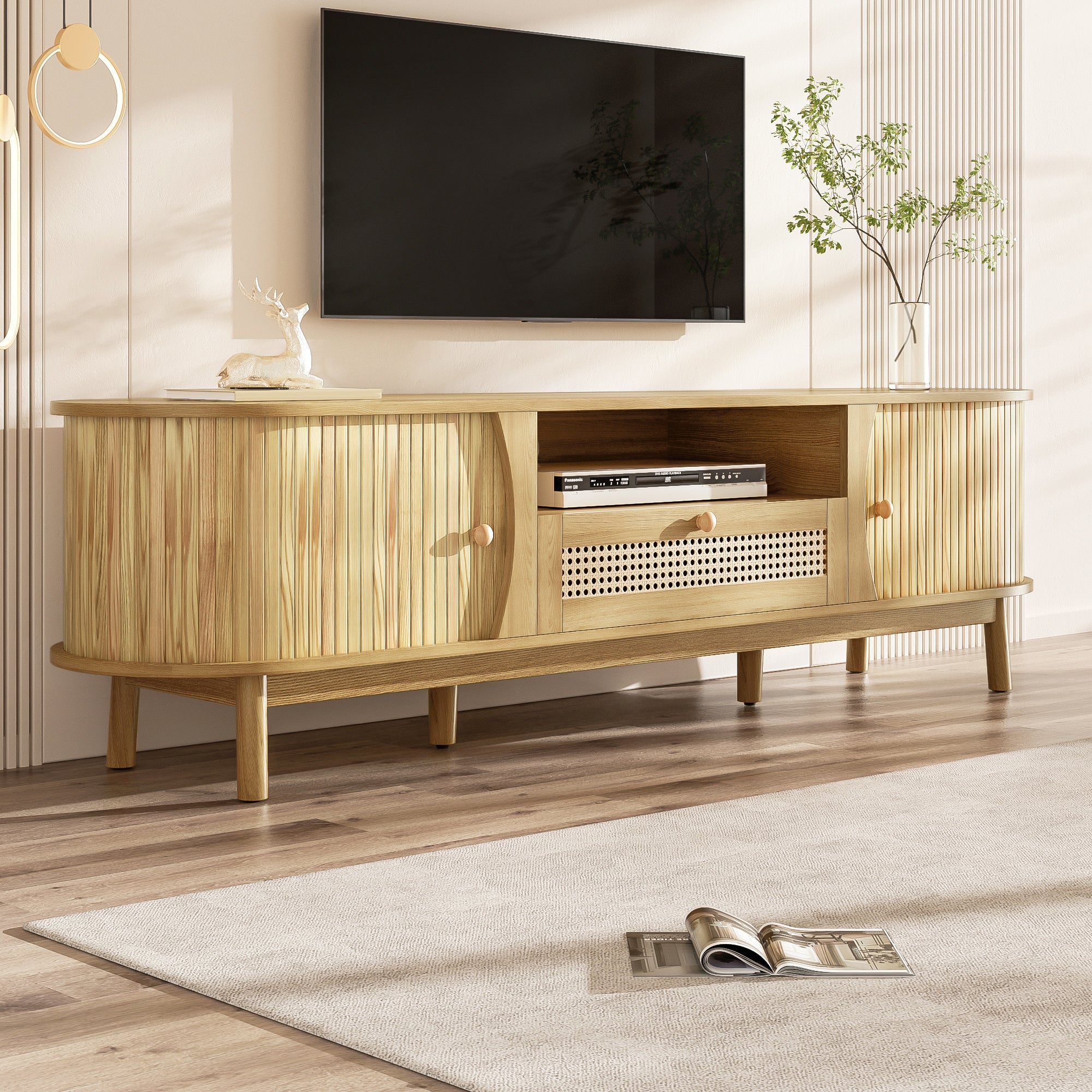 TV Cabinet Rattan Doors Drawers Low Profile - Country Style