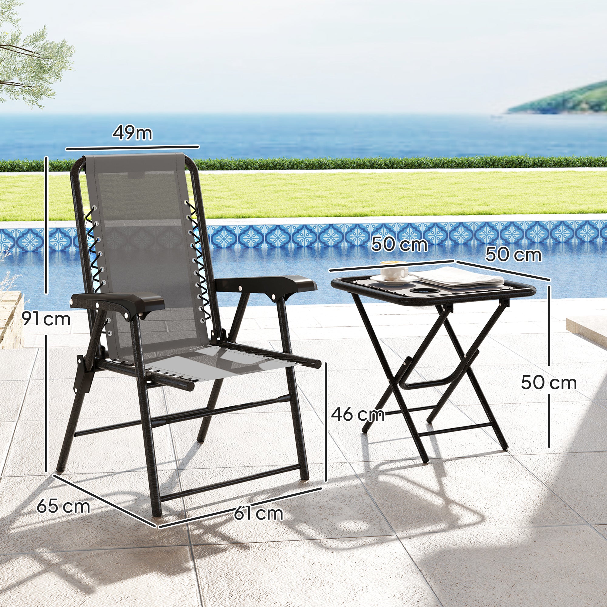 Three-Piece Garden Table and Chair Set, Folding Bistro Mesh-Top, Dark Grey