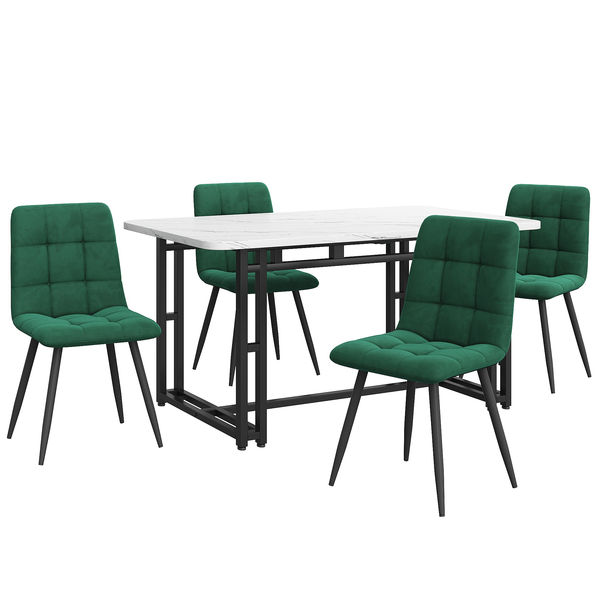 Dining Table Set, 140x80cm with 4 Chairs, Black Iron Leg, Dark Green Velvet