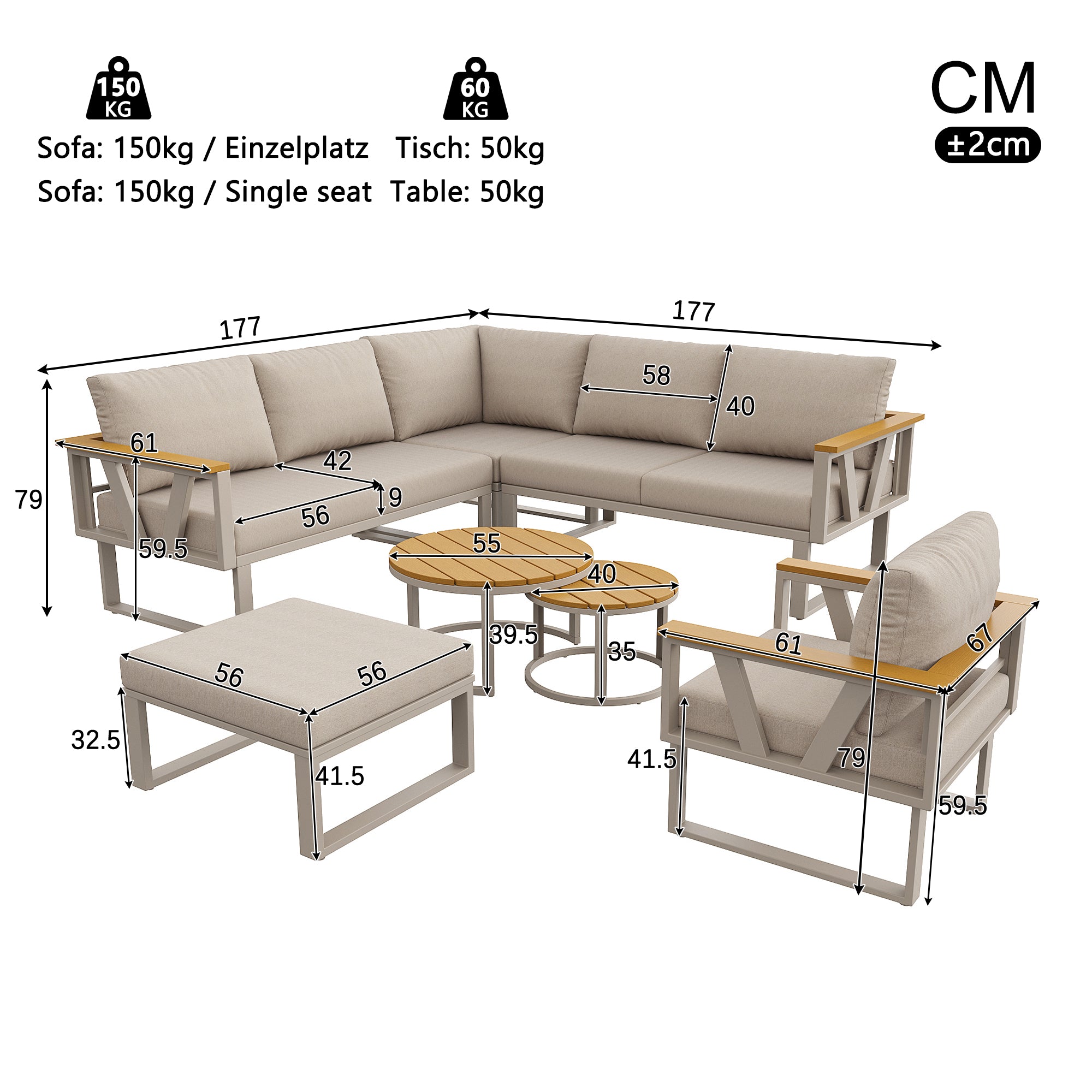 Modular Outdoor Seating Set with 9cm Cushions and 2 Wooden Tables, Grey and Beige