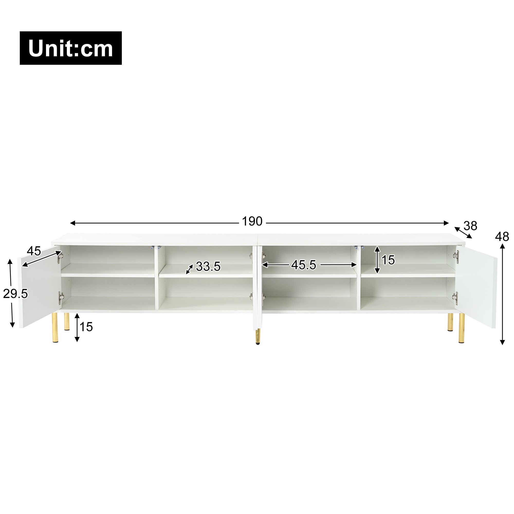 TV Cabinet 190x38x48cm, Gold Legs, Grooved Doors, White