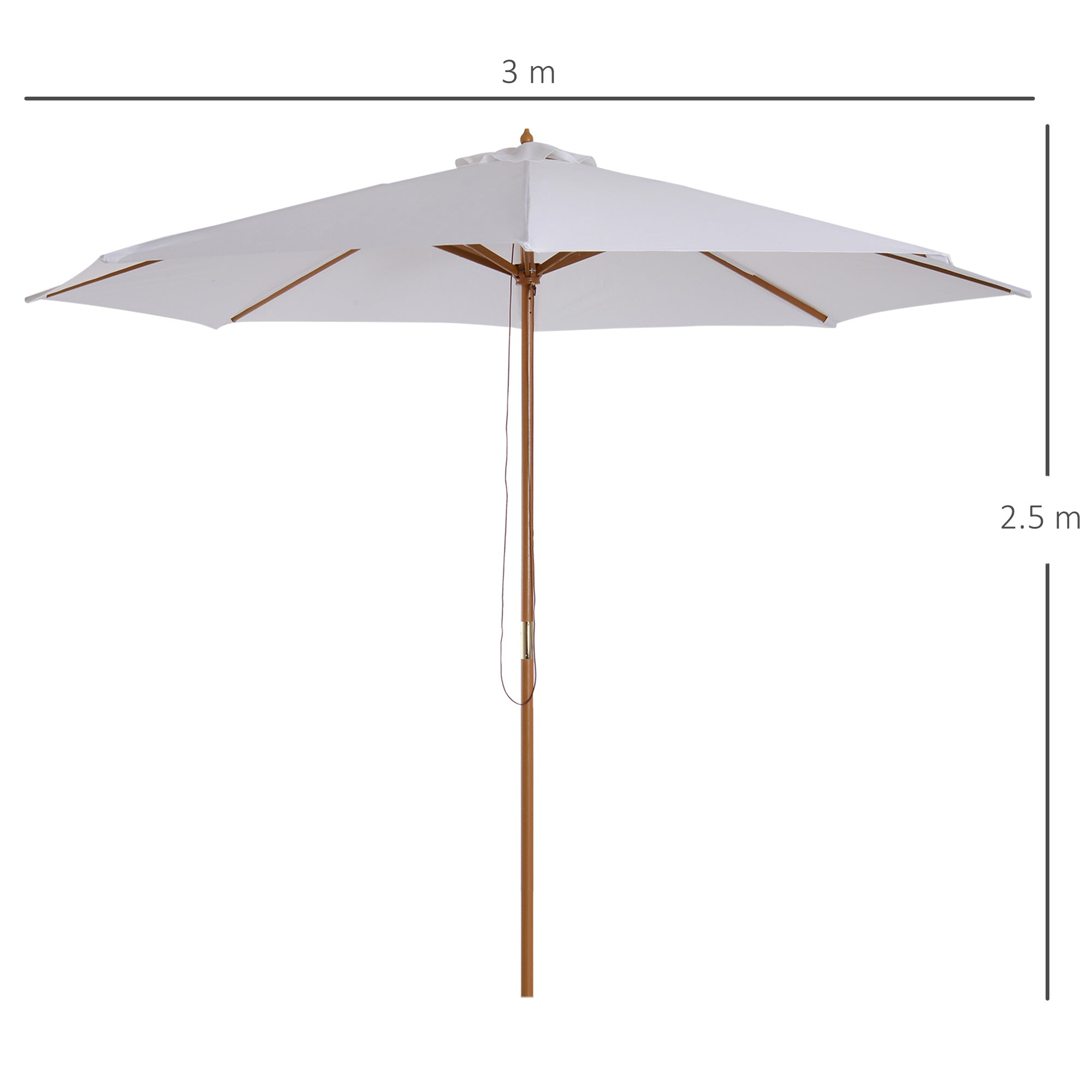 3m Garden Parasol Pulley Operated Market Umbrella Wooden Cream White