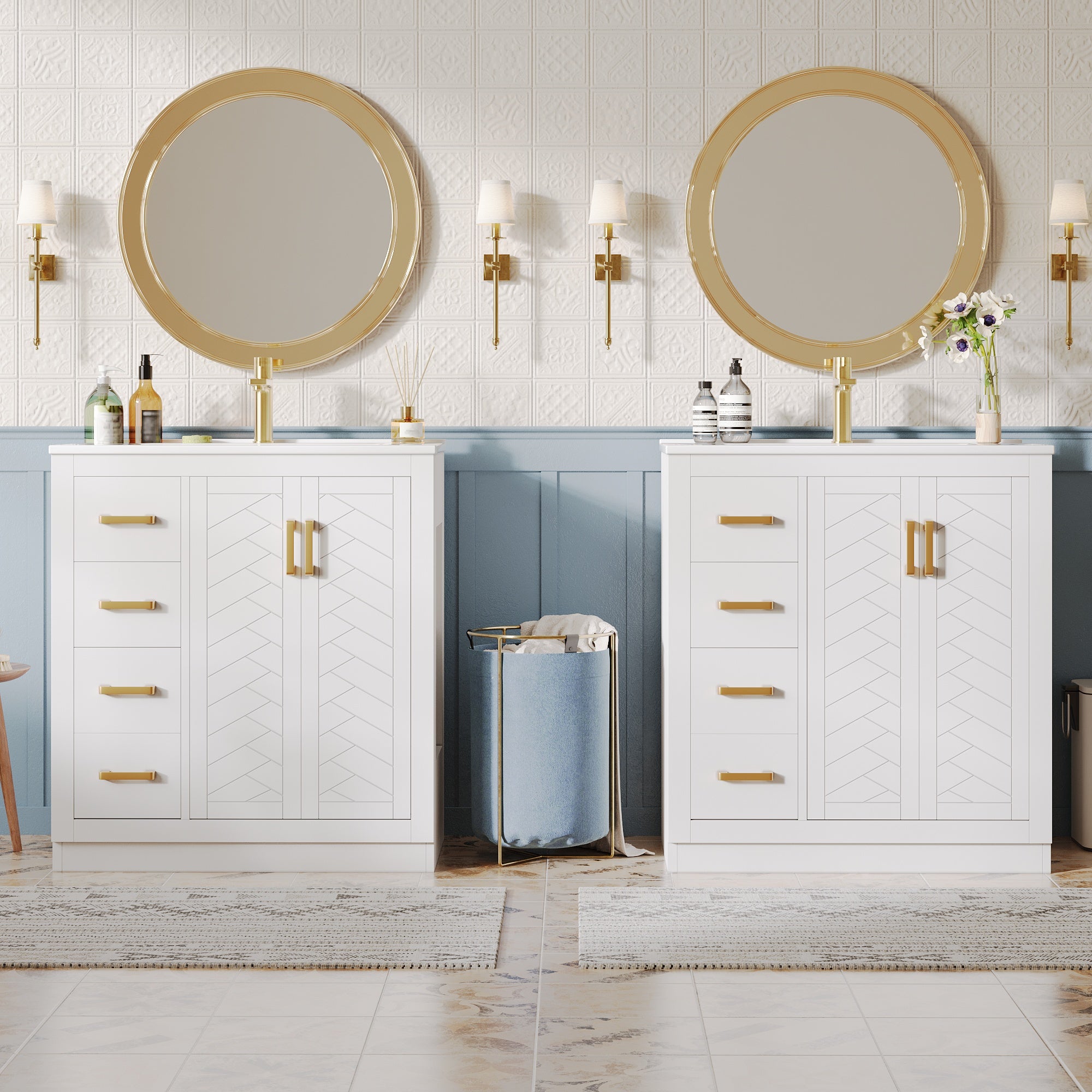 Bathroom Vanity Unit with Ceramic Sink and Side Storage Shelf, White