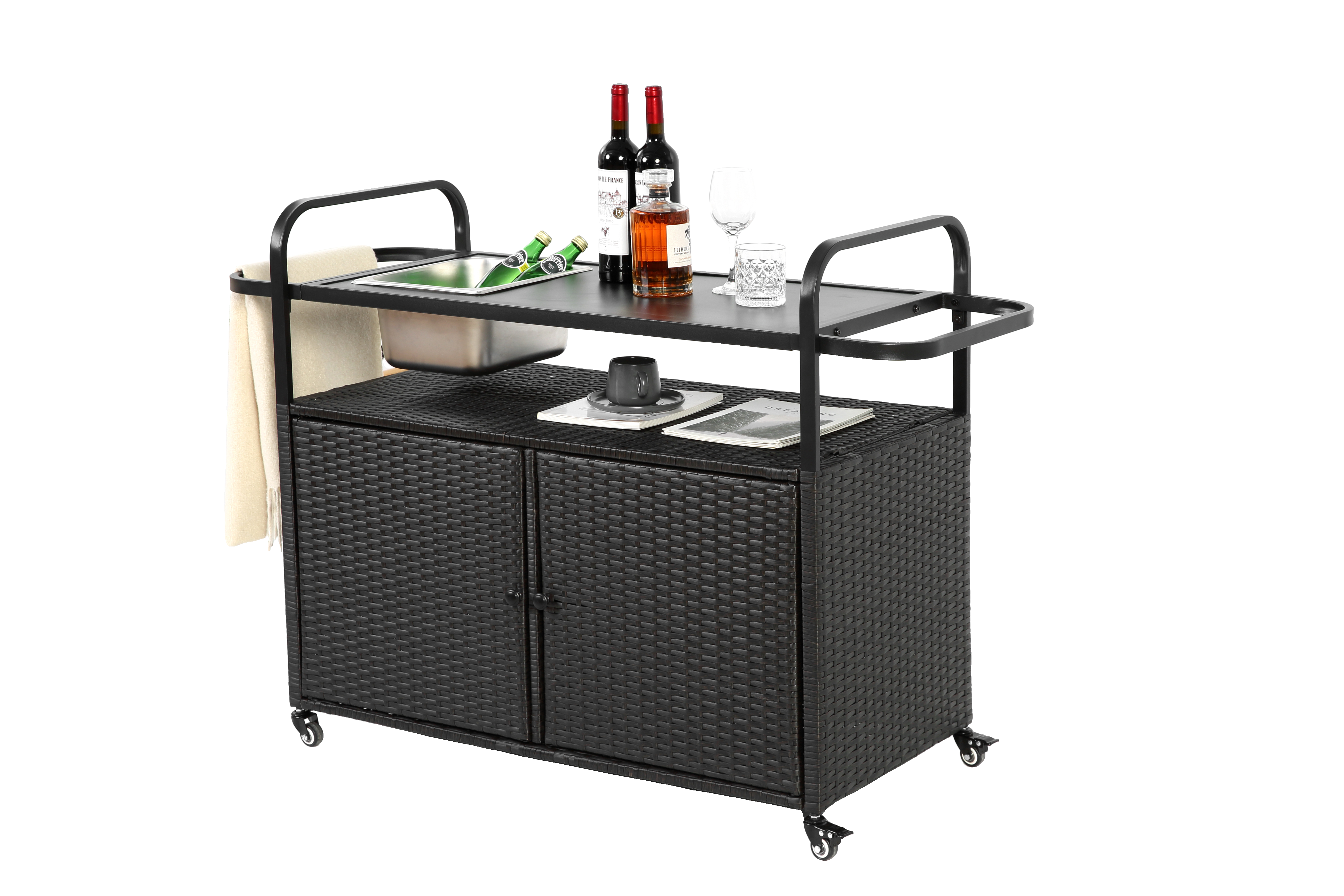 Outdoor Bar Table, Wicker Bar Cart with Cabinet, Patio Serving Cart with Steel Top, Ice Bucket, Lockable Wheels, Side Basket, Black