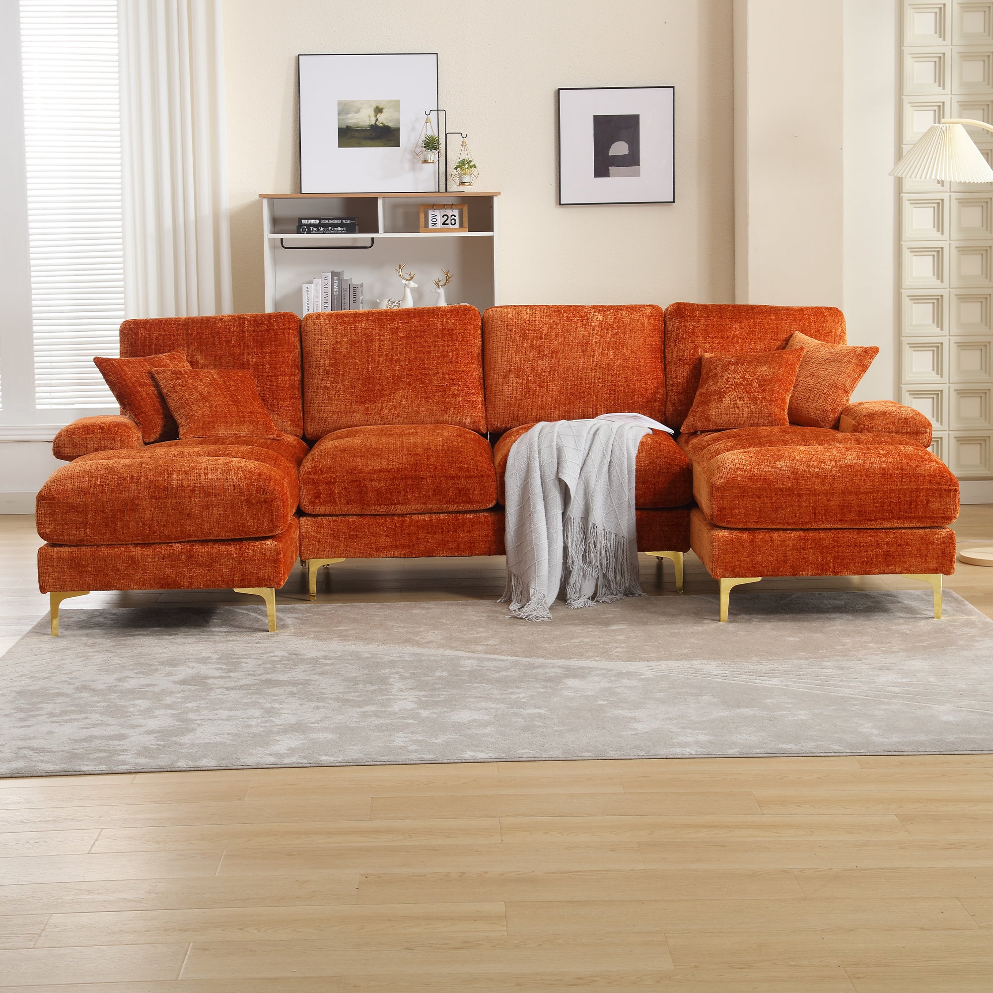 Sofa, Modern Large U-Shape Sectional with Double Reclining Seats, Chenille Orange