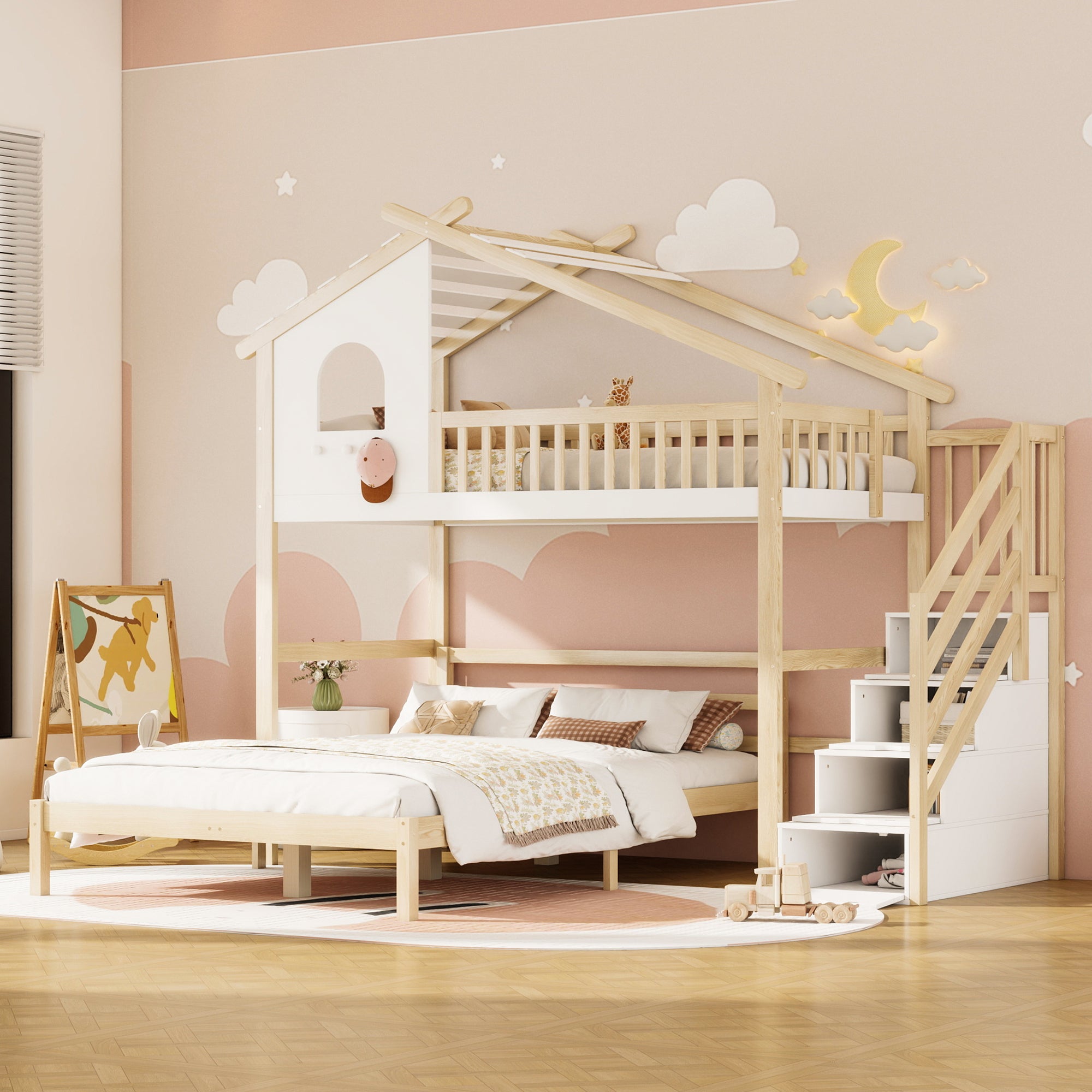 Bunk Bed with Storage Ladder, Bed Rail & Window, White + Natural