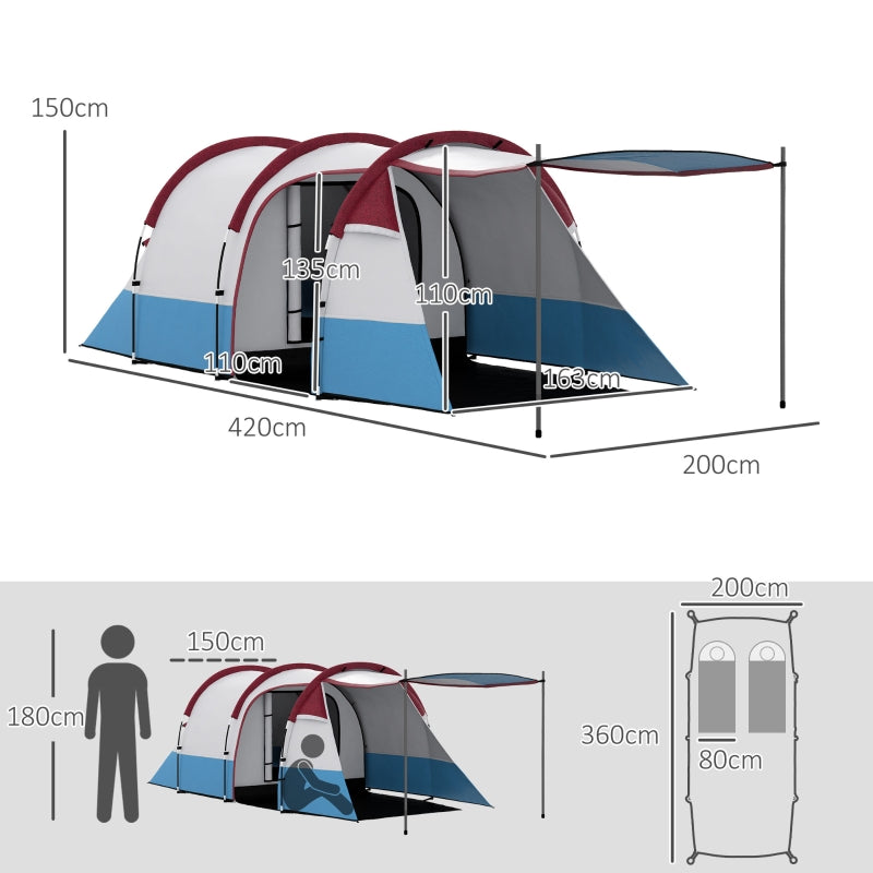 Camping Tent, Large Tunnel Tent, 2-3 Person, Red