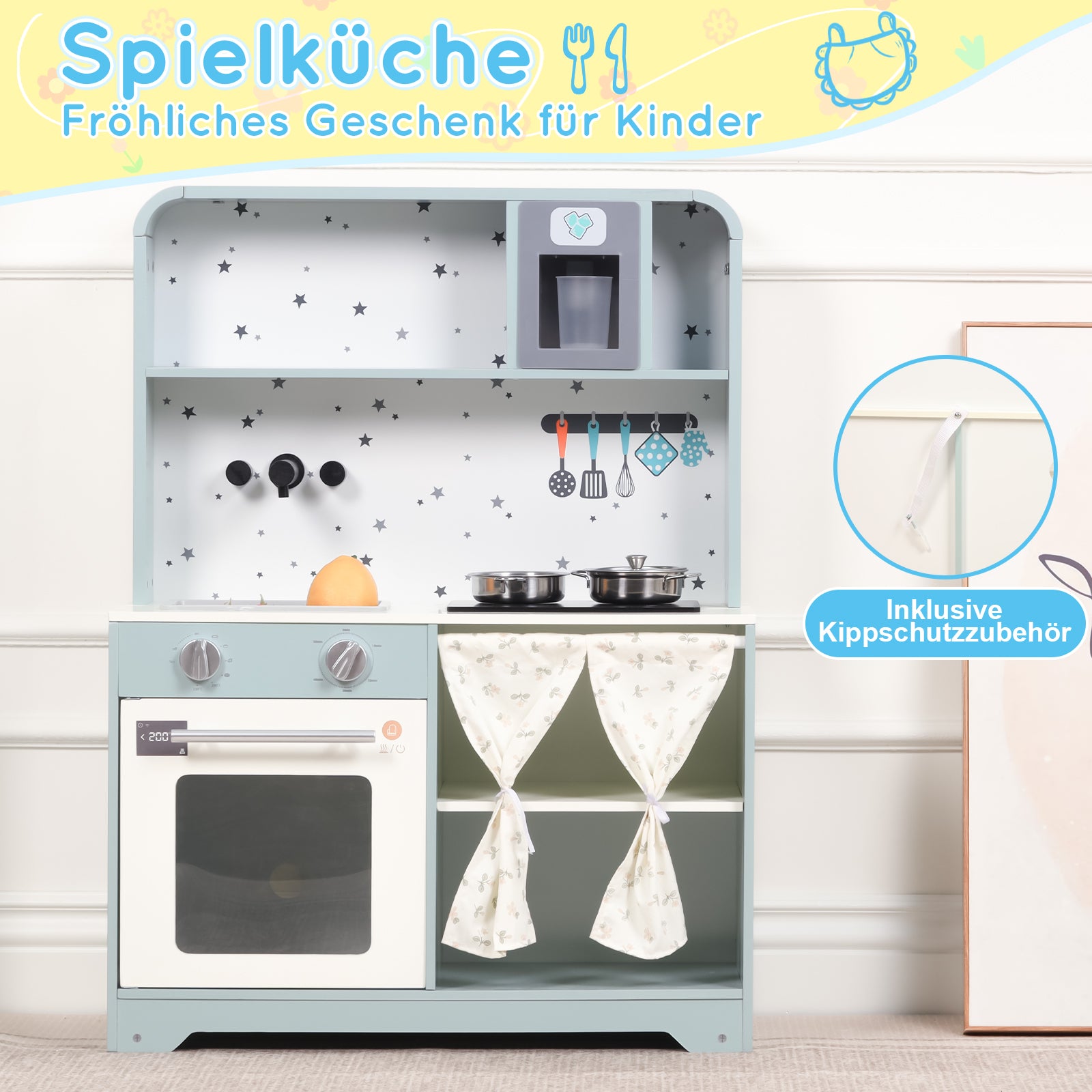 Children's Play Kitchen with Ice Maker and Microwave, Wood and Plastic, Blue