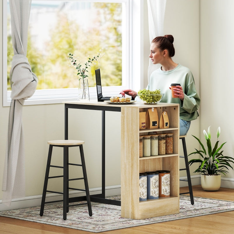 Bar Table with Bar Stool Set, 3-Piece, Storage, 2 Stools, Steel, Oak