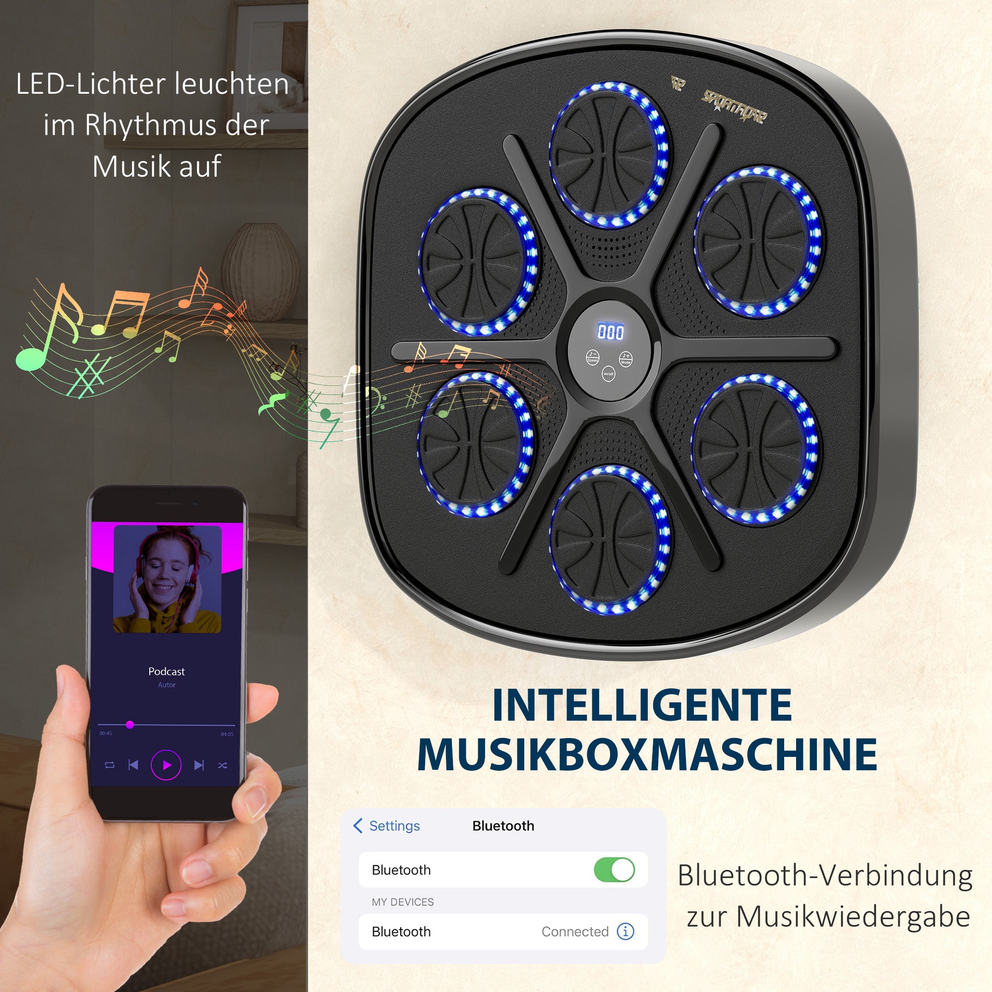 Music Boxing Machine, Electronic Bluetooth Wall-Mounted with LED Lights, Black