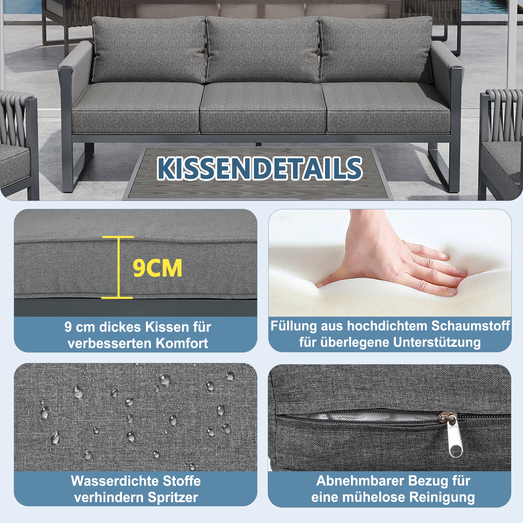 Outdoor Sofa Set 5-Seater Adjustable Feet Rustproof Metal Frame - Grey