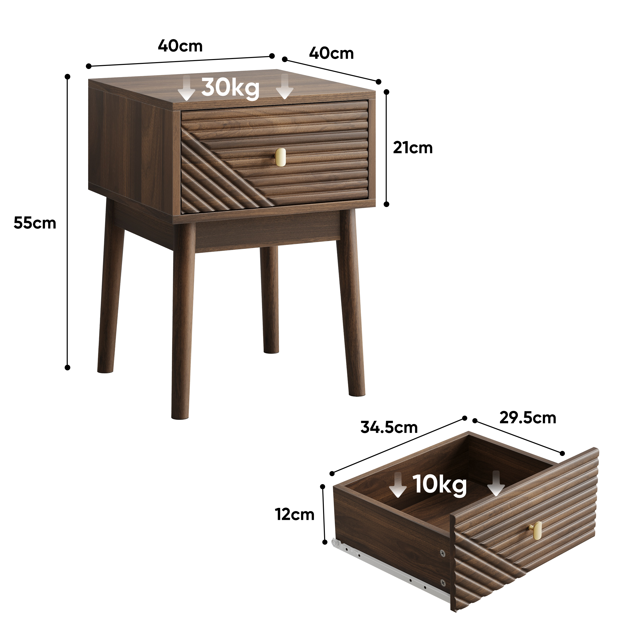 Mid-Century Modern Nightstand 2-Piece Set with Metal Handles - Walnut