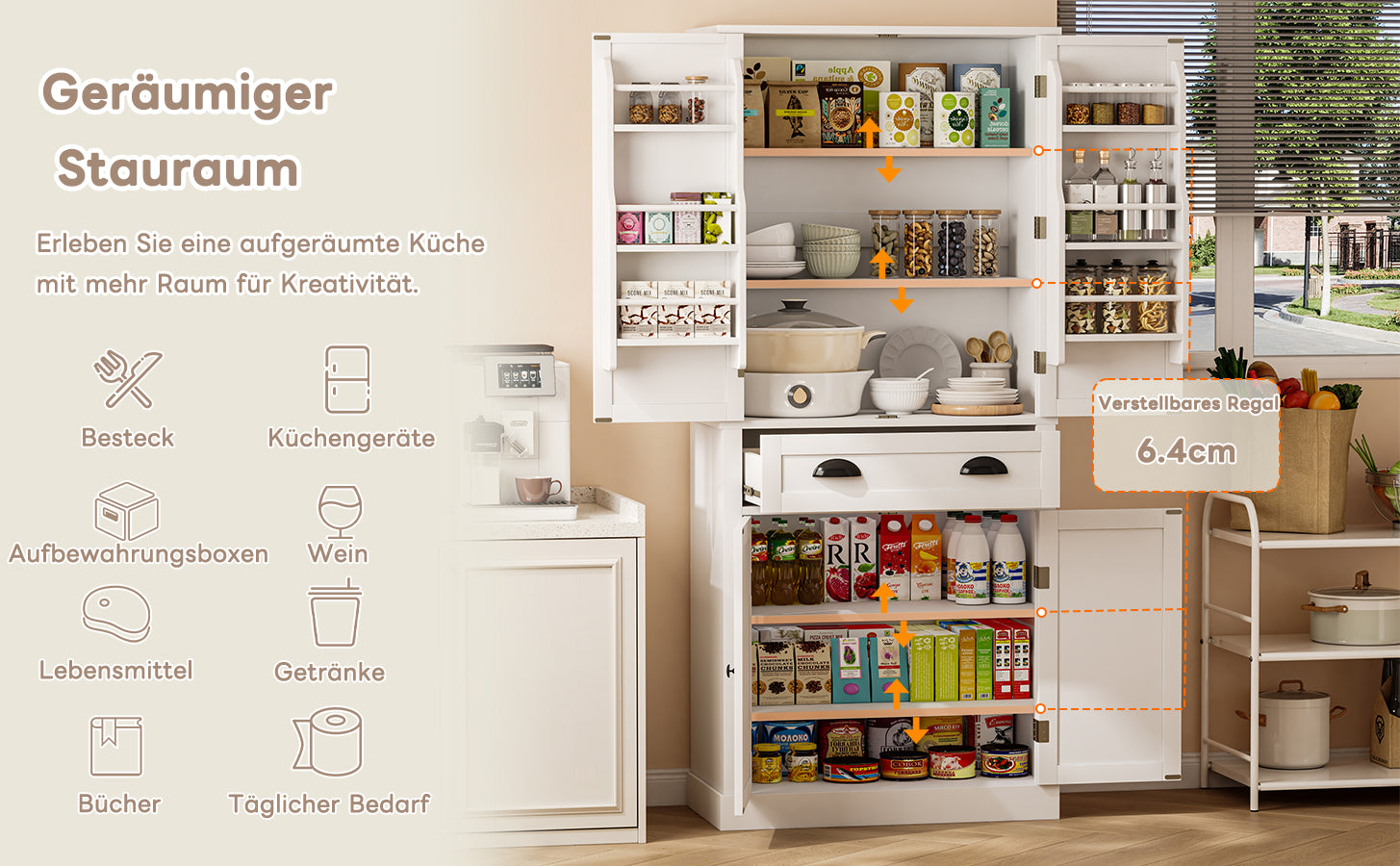 Storage Cabinet with 4 Doors and 1 Drawer, 6 Compartments and 4 Adjustable Shelves, White