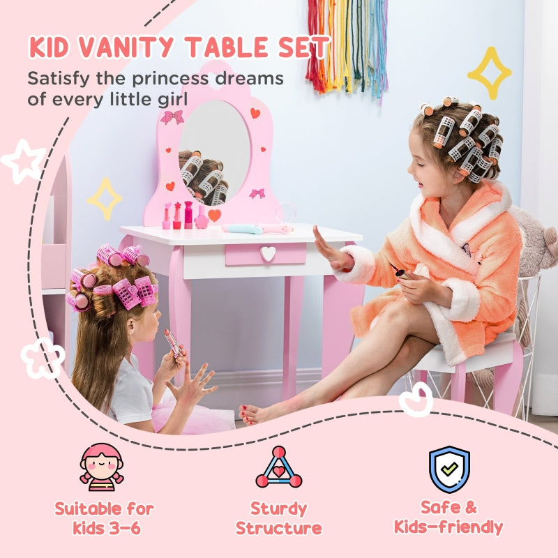 Kids Dressing Table Set w/ Mirror, Stool & Drawer, Pink