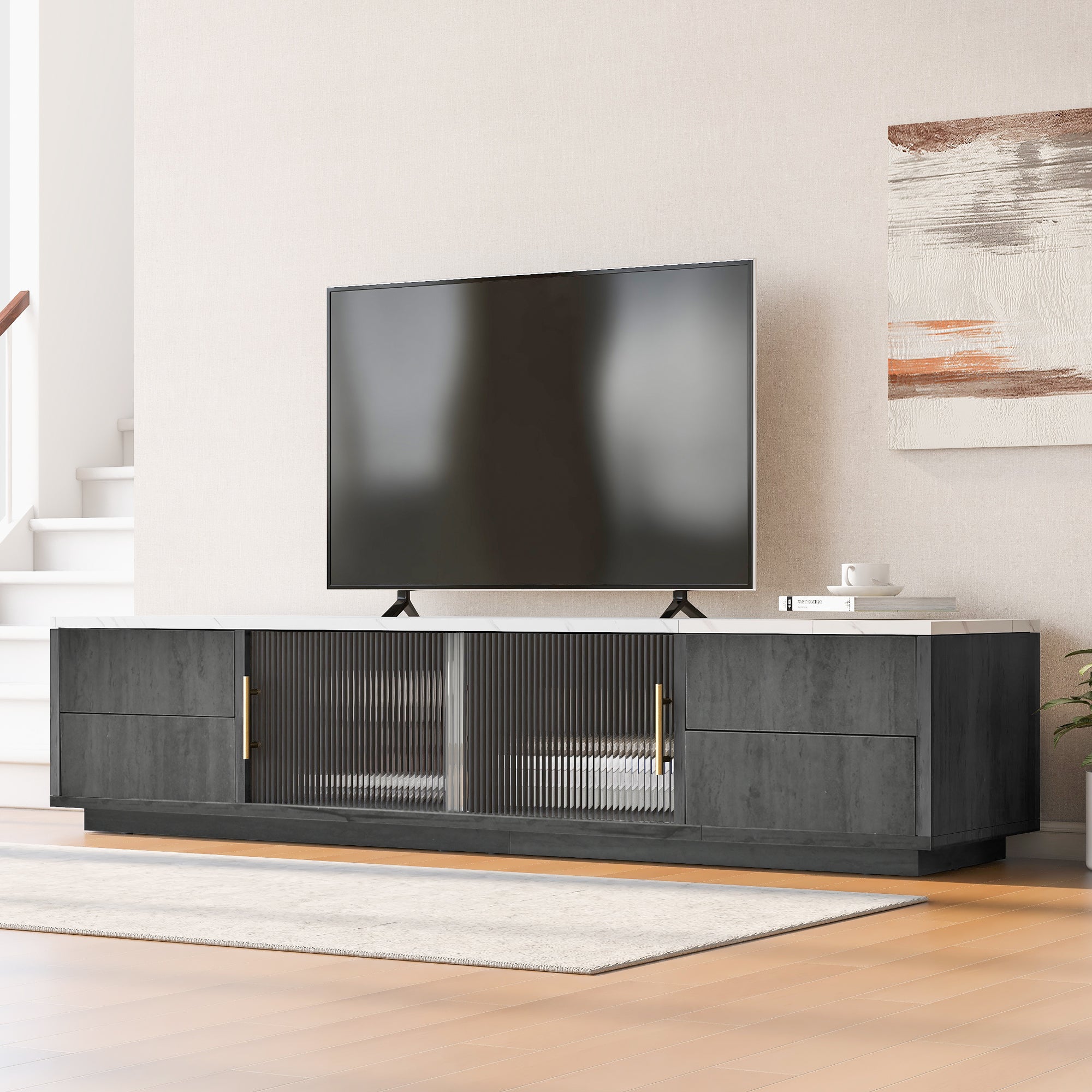 160cm Deluxe TV Stand for 70" TV, Cable Management, Push-to-Open Drawers, Grey Marbled