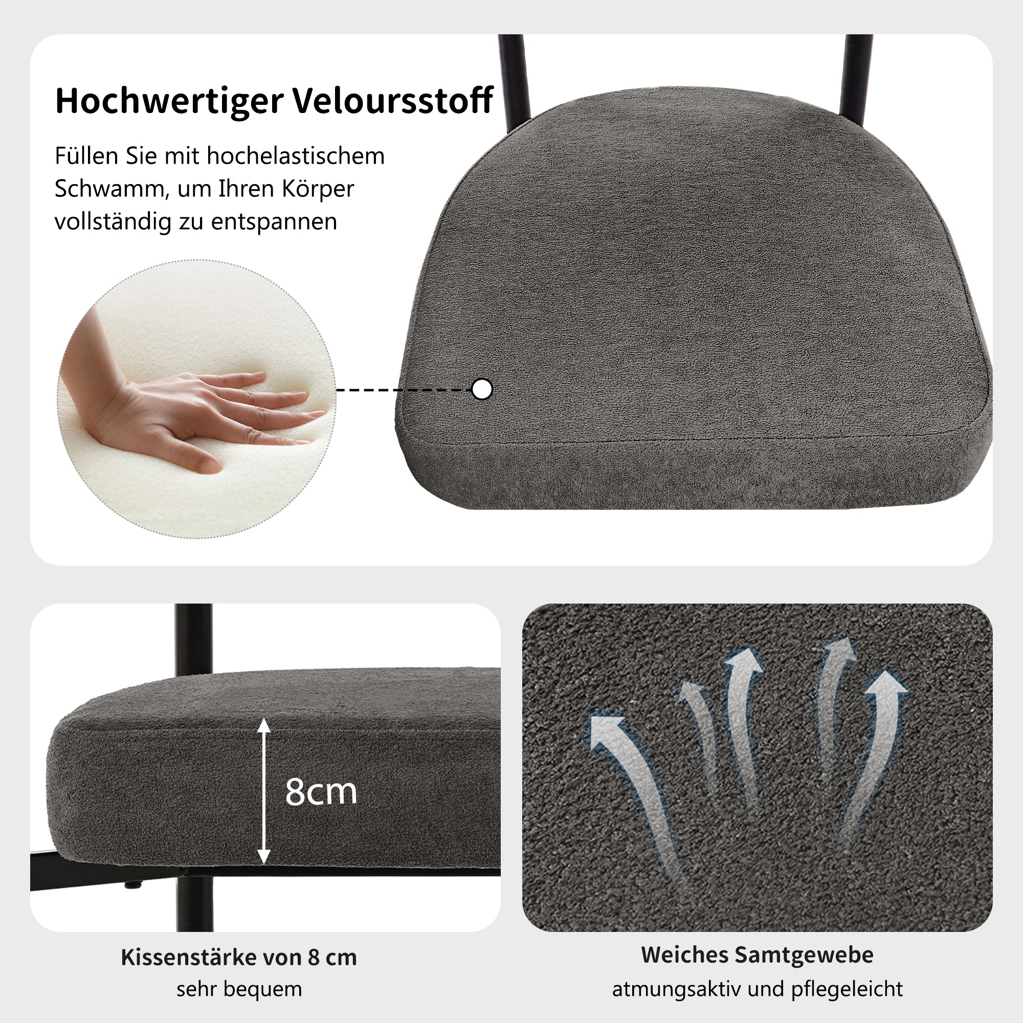 2 Dining Chairs Modern Simple Comfortable Ring Seats Dark Grey Suede Fabric