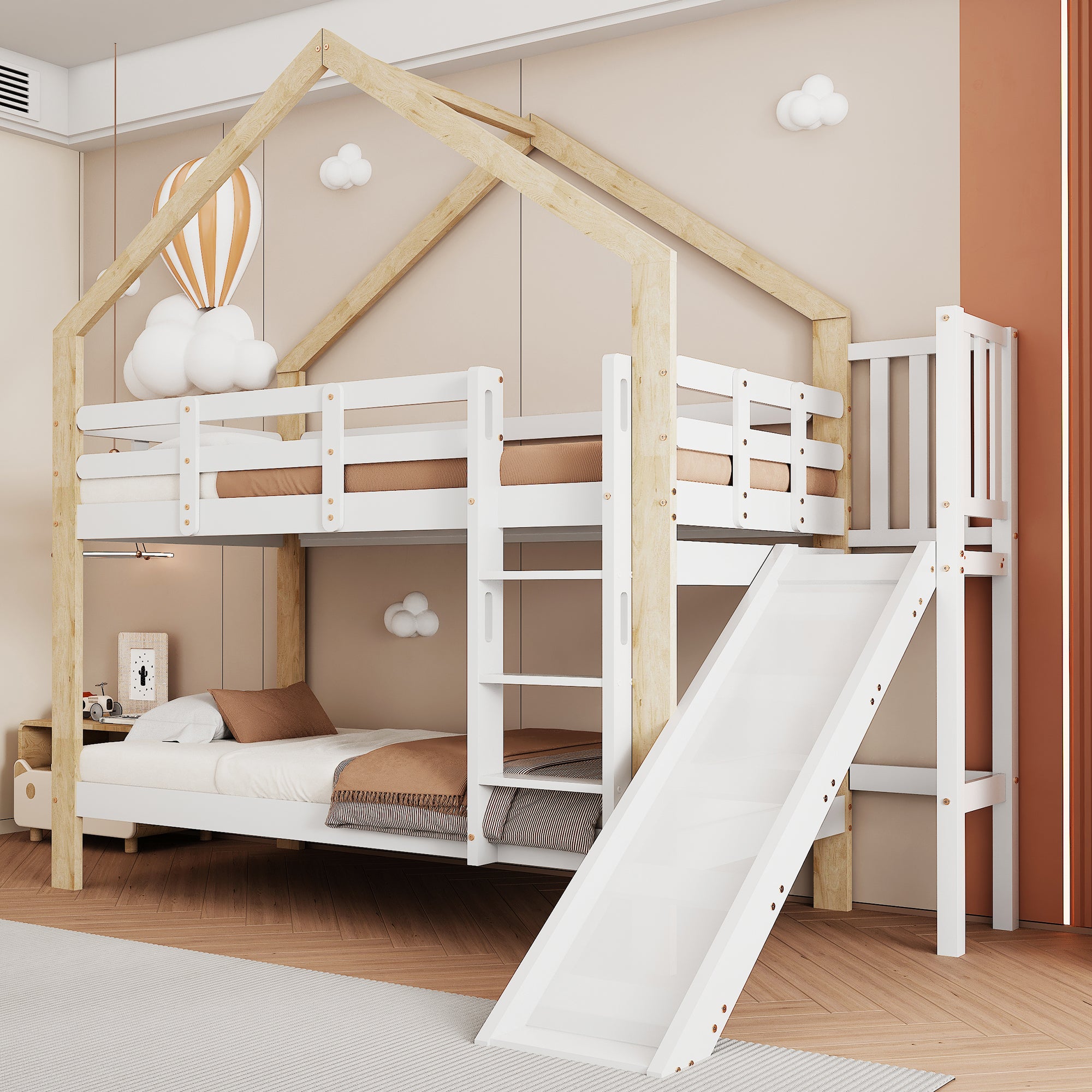 Bunk bed with slide, three-step angled ladder, safety guard, solid wood, white and natural, 90x200cm