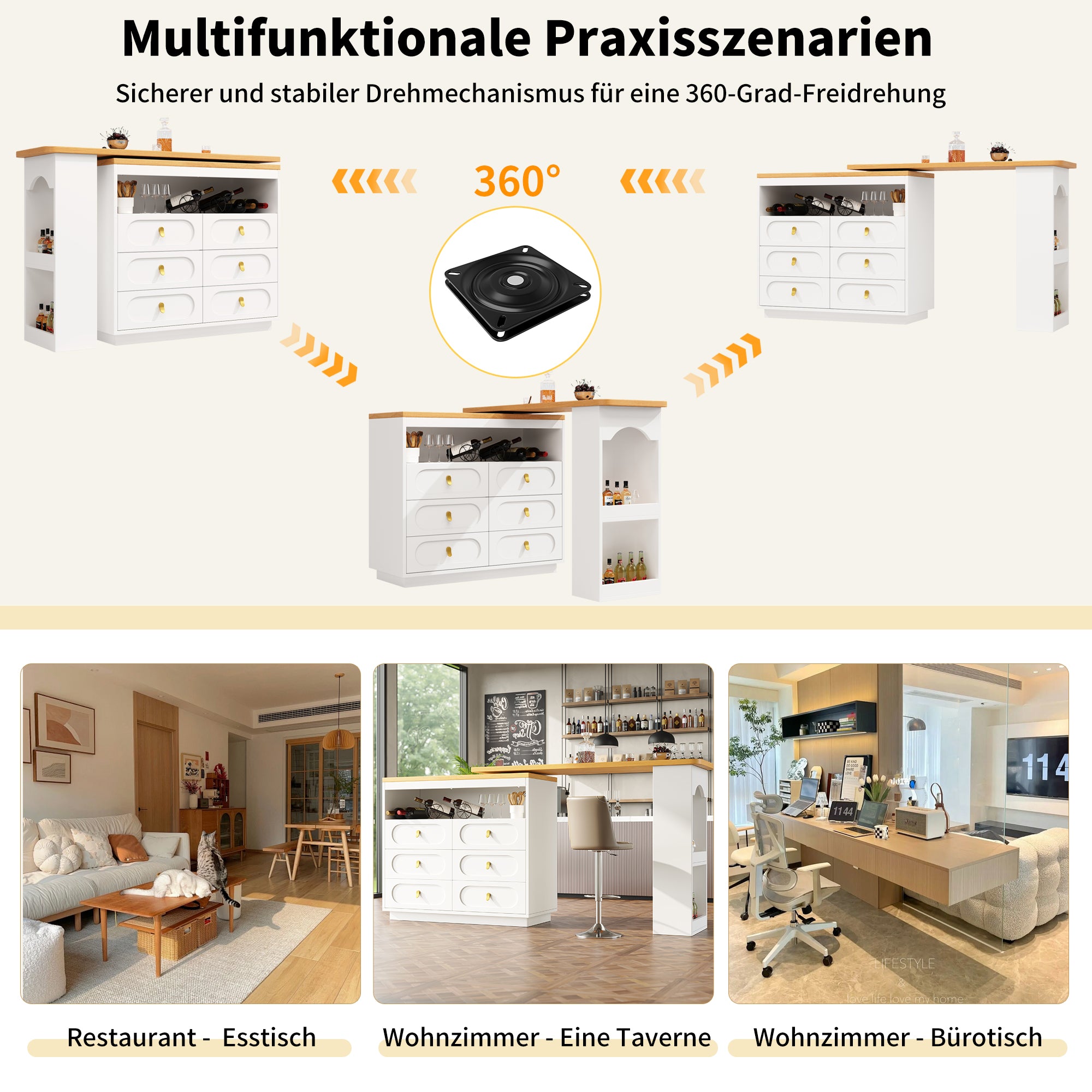 Extendable Rolling Bar Table 360° Swivel Storage Drawers - White