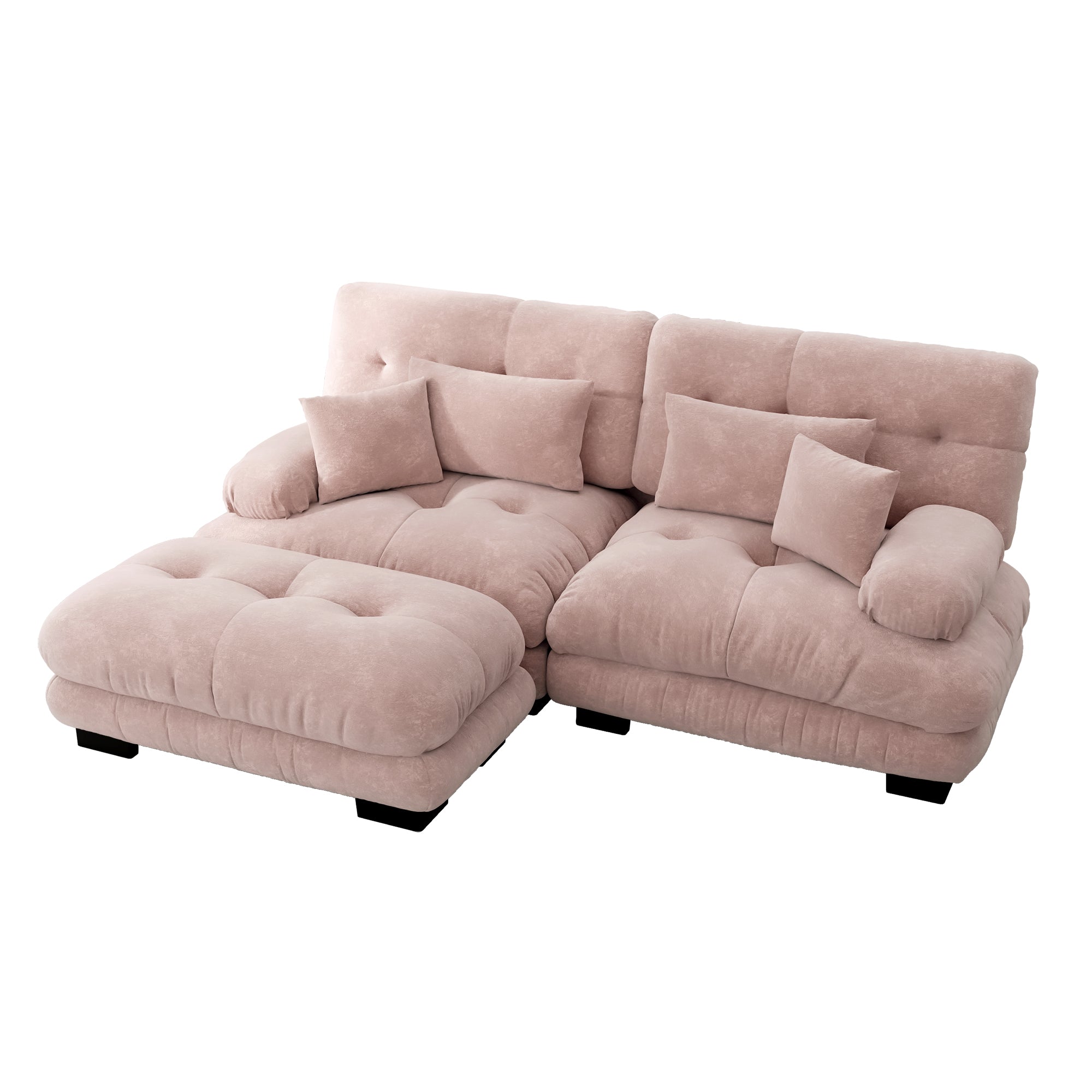 Cloud Corner Sofa, Double Sofa with Lumbar & Decorative Pillows, Ottoman, Chenille Pink