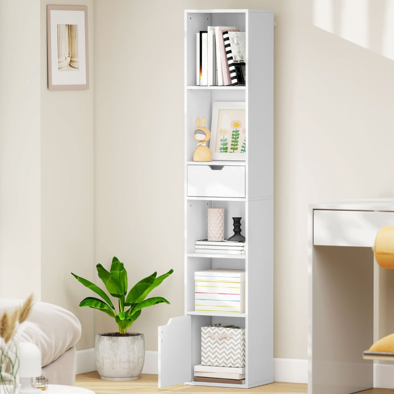 6-Tier Bookcase Tall Narrow Bookshelf with Drawer and Door - White