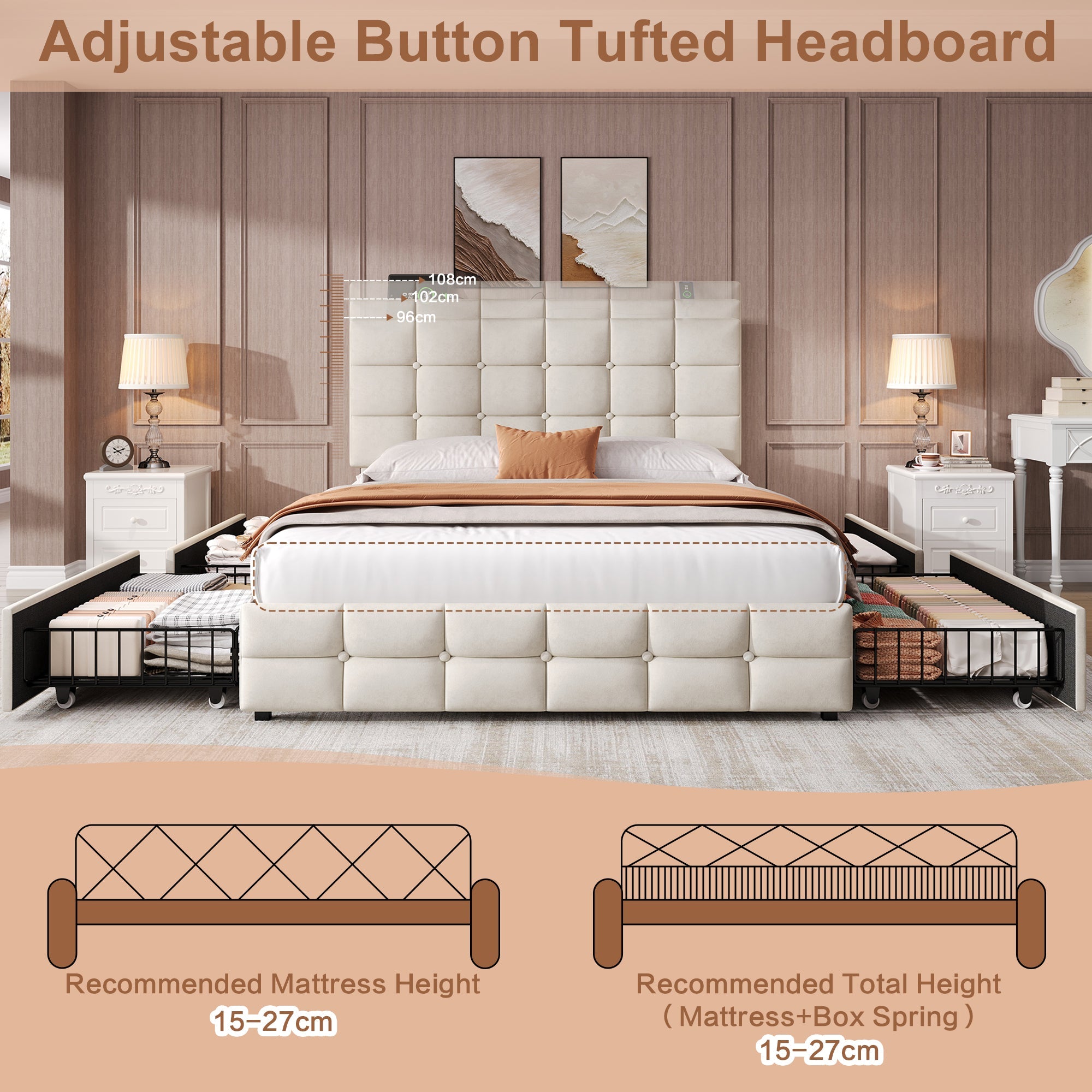 4ft6 Double Upholstered Bed with 4 Storage Drawers & Charging Station, Adjustable Button Tufted Headboard, Beige Velvet
