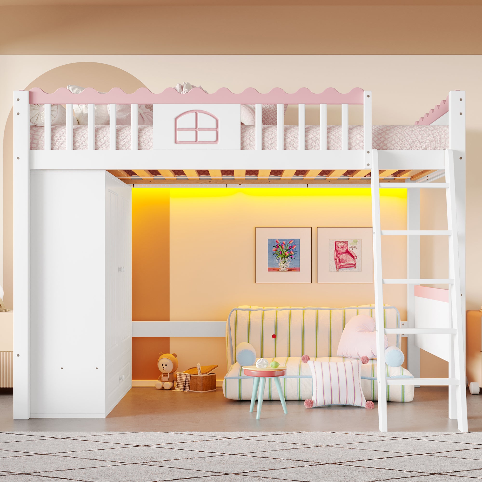 Bunk Bed Single Children's with LED Lights, Wardrobe, Storage Drawer, 90x200cm, Pine Wood White