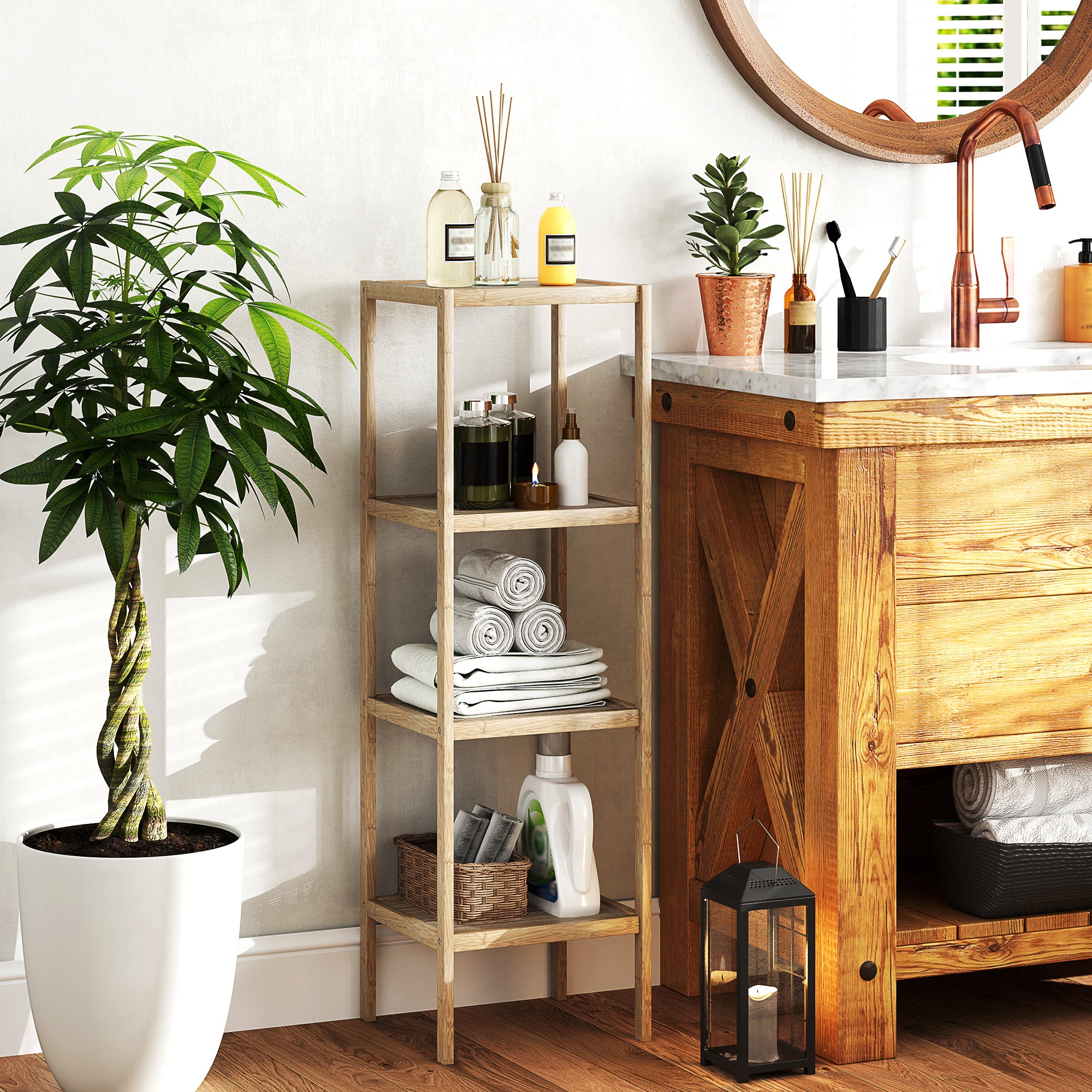 Four-Tier Shelf Bathroom Storage Unit Bamboo Natural Finish
