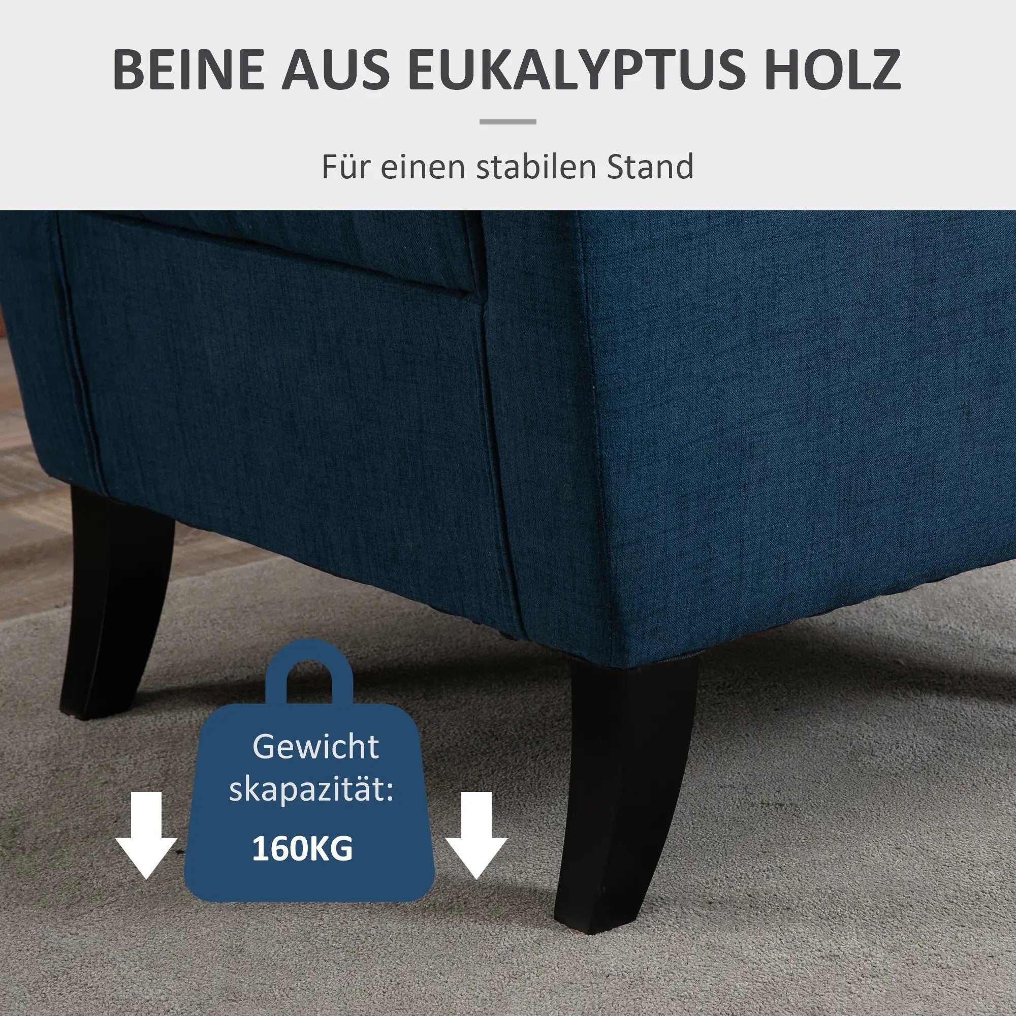 Tufted Wingback Chair High Backrest Rounded Armrests Wooden Legs Blue