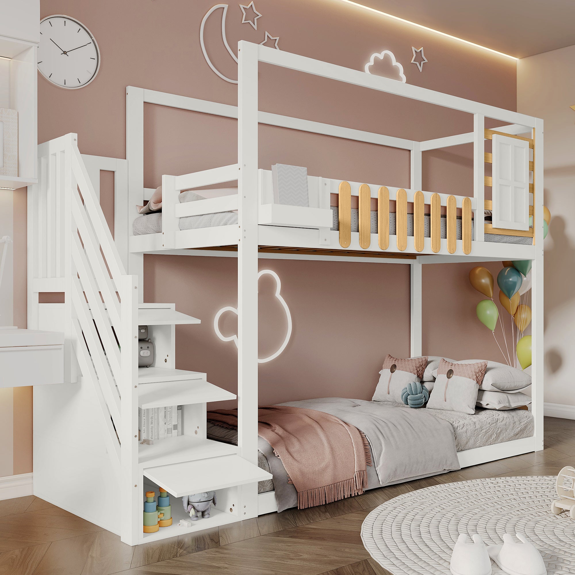 Bunk Bed with Stairs, Window & Shelf, Pine, White 90x200cm