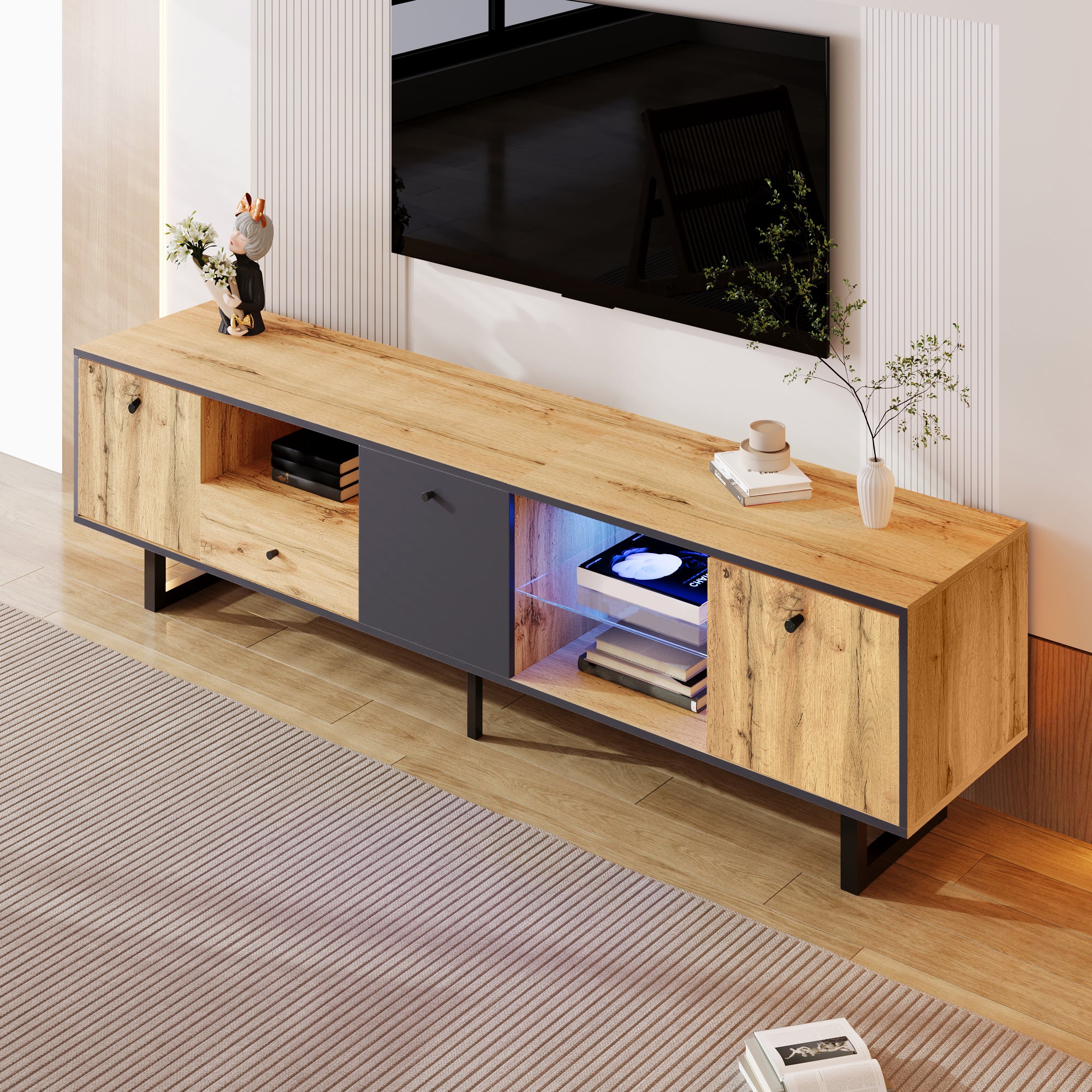 Lowboard TV Cabinet, LED Light & Glass Partition, Color-Matching Design