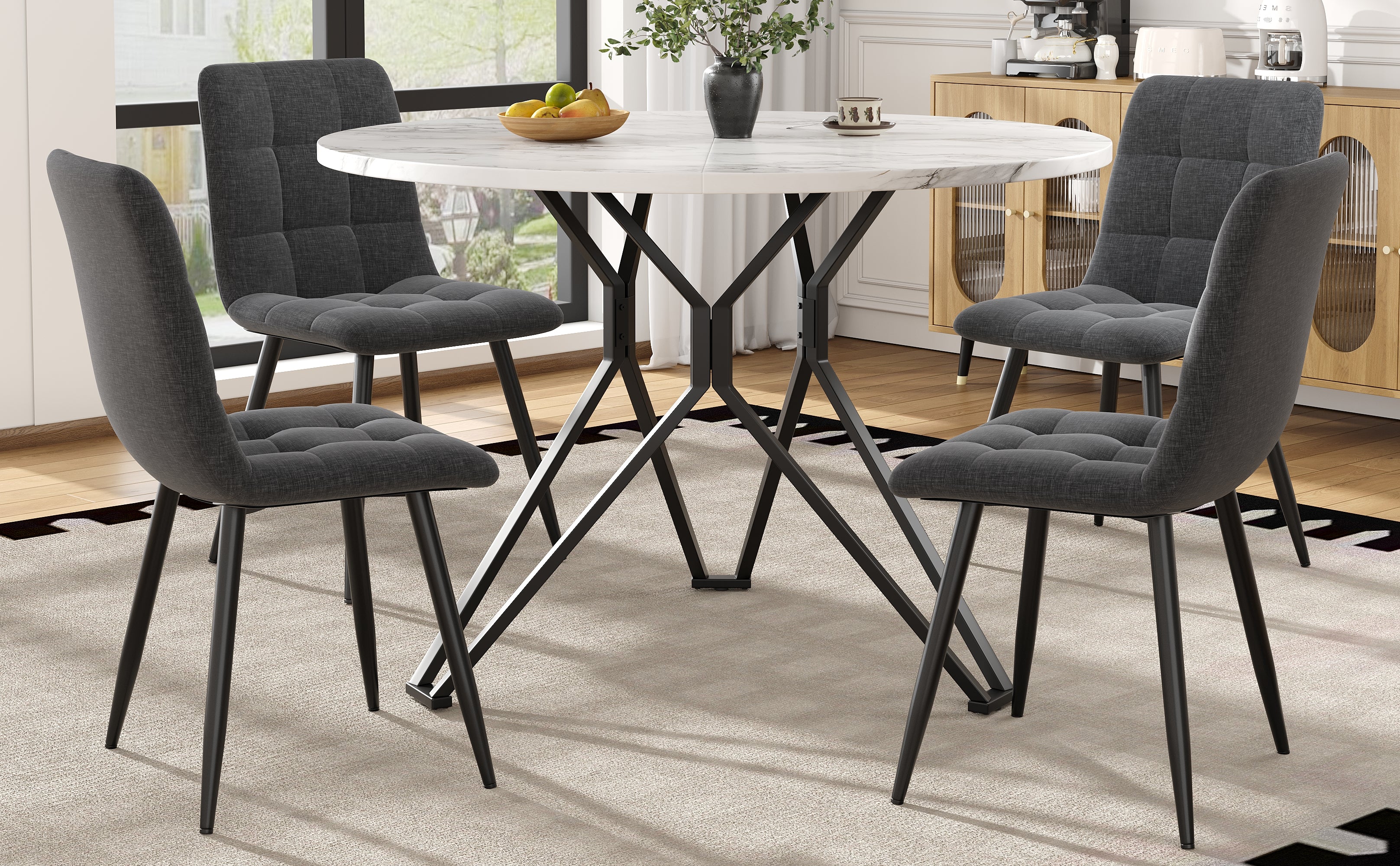 Dining Table Set 5-Piece 100cm Round MDF Marble Top Black Metal Legs Grey Linen