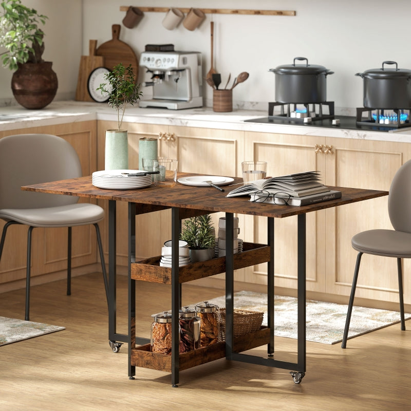 Folding Dining/Kitchen Table for 2-4 People, 2 Open Shelves, Portable, Rustic Brown