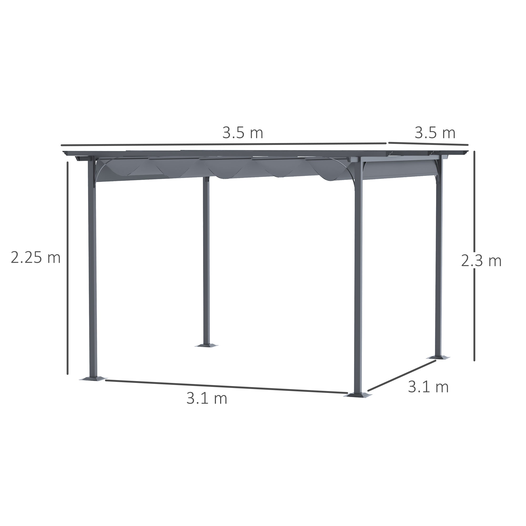 Metal Pergola Gazebo Awning 3.5M X 3.5M Retractable Canopy Sun Shade, Grey