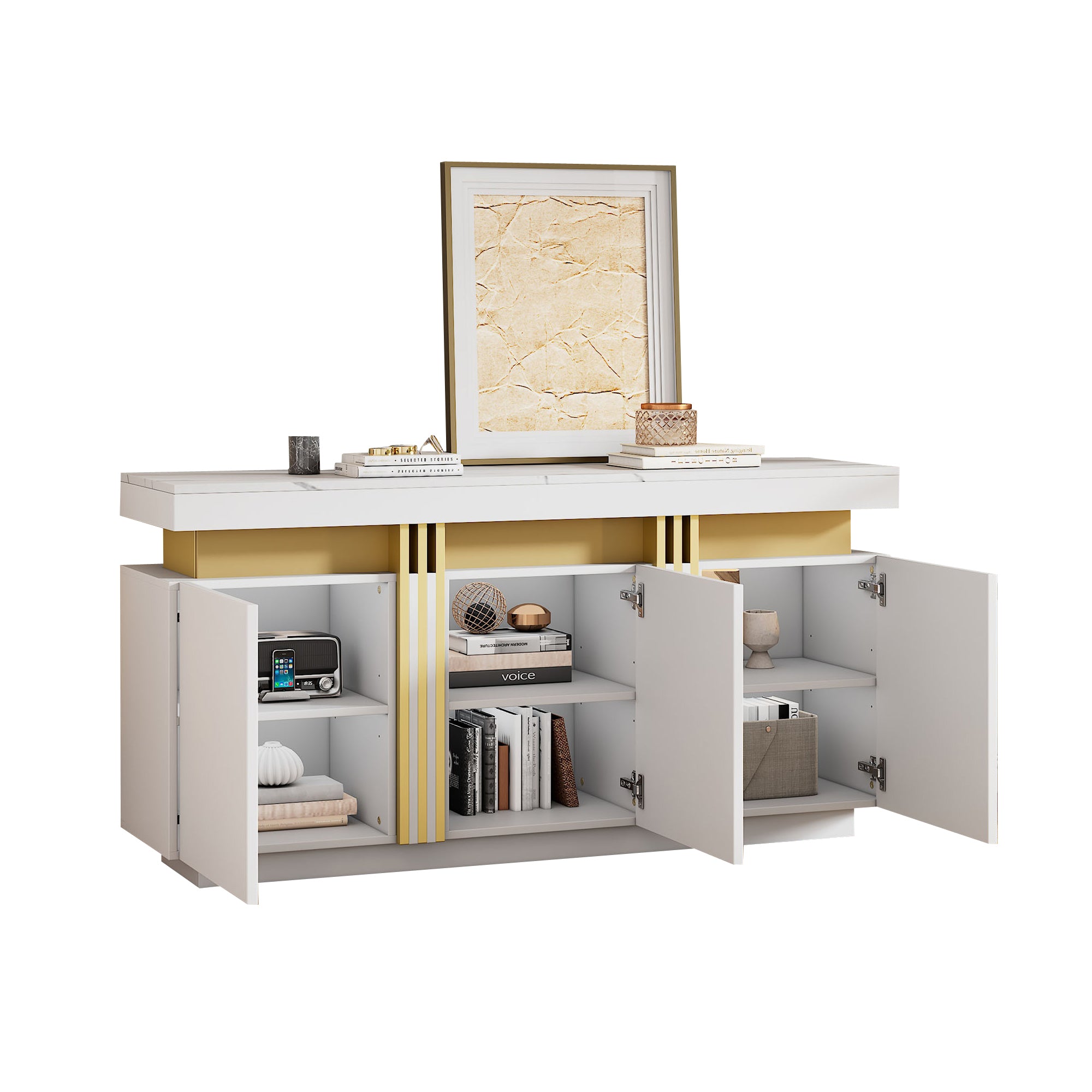 Sideboard Display, 3-Door Dining Room Cabinet with Adjustable Dividers, Modern White