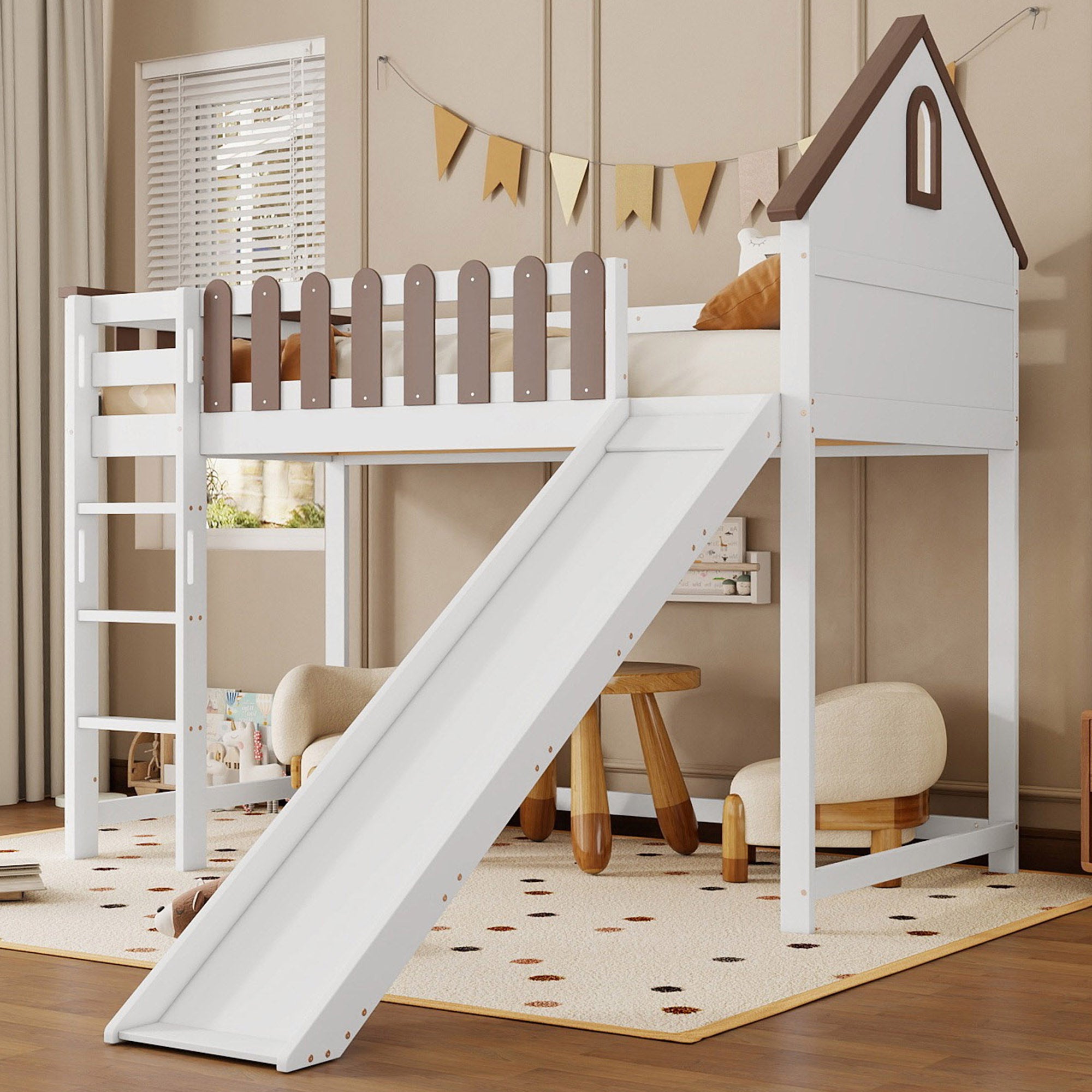 Loft Bed, Roof & Window, 3-Step Ladder, Slide, Pine+MDF, White+Walnut