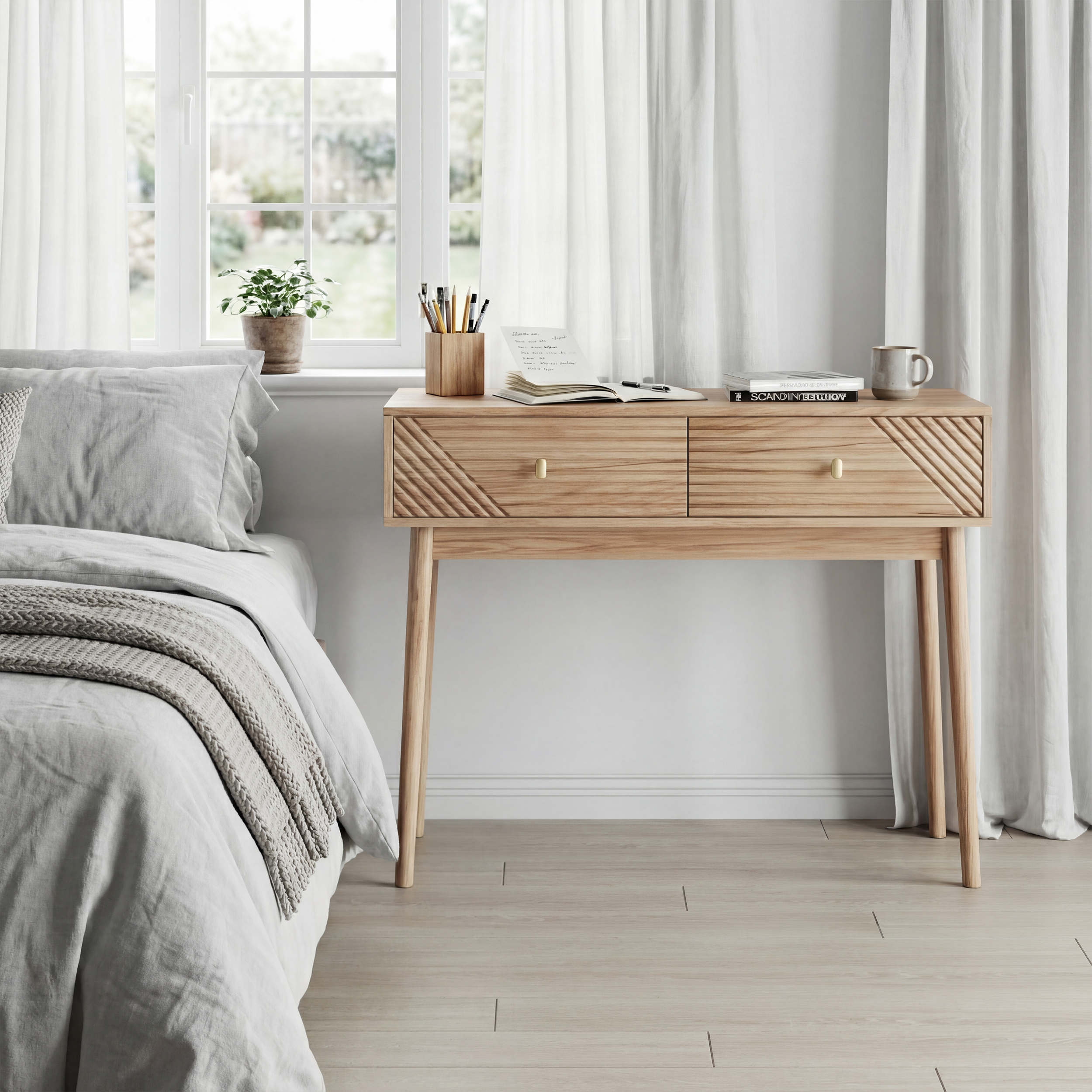 Mid-Century Modern Console Table with Drawers and Open Shelves, Oak Color