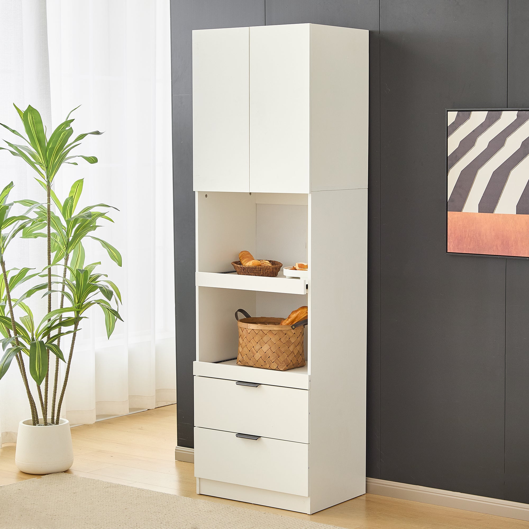 Tall Storage Cabinet 200cm High Doors Drawers Microwave Shelf - White