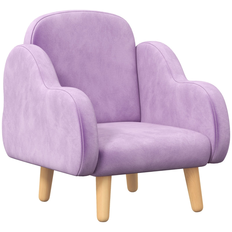 Kids Armchair Toddler Sofa with Arm Rest, Cloud Shape, for Ages 1.5-3 Years, Purple Velvet