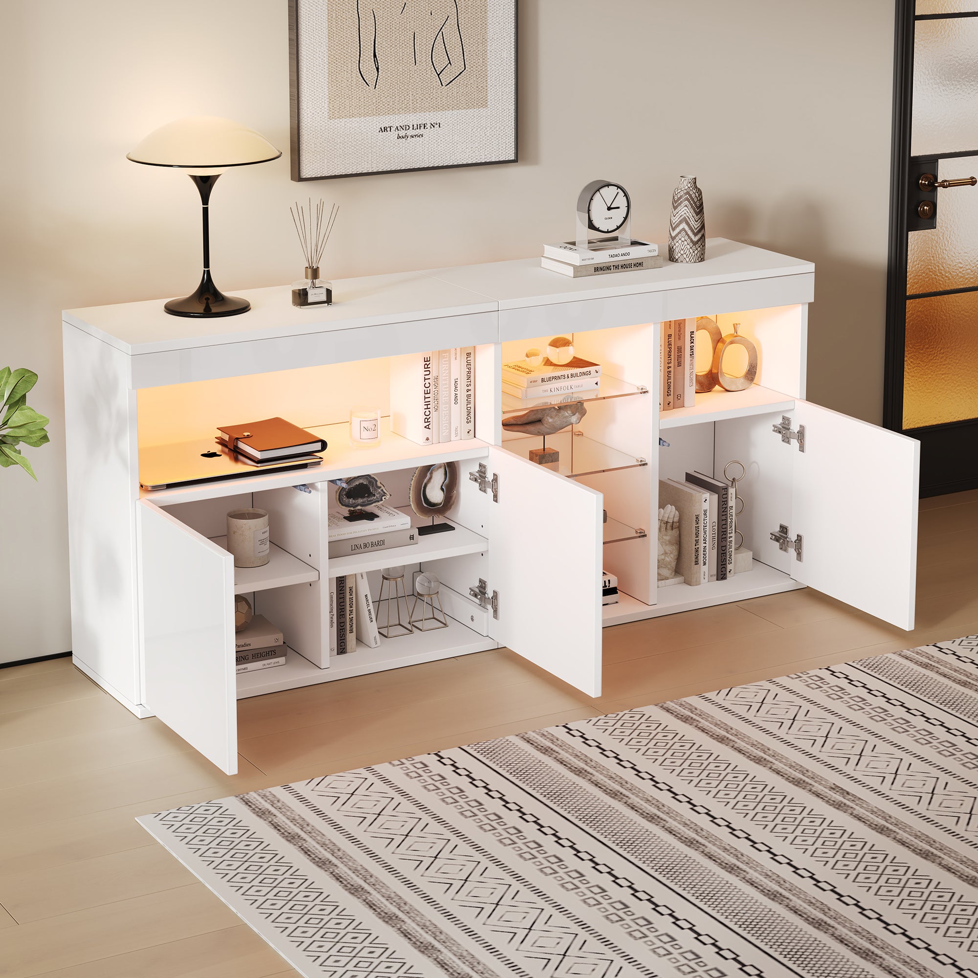 Living Room Cabinet Sideboard 155.5x35x72cm High-Gloss LED 3 Doors White