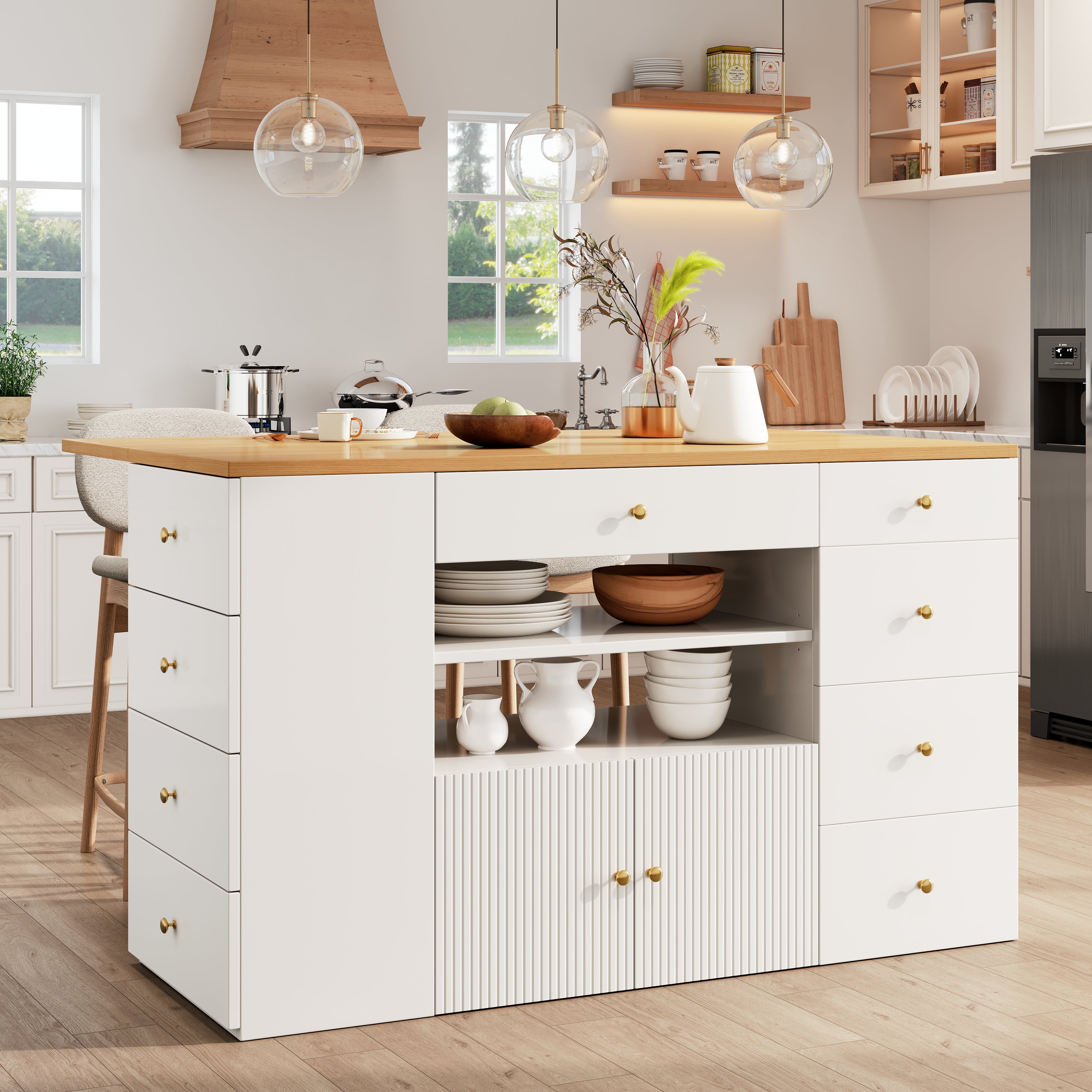 Kitchen Island Sideboard with 6 Drawers and Bar Stools, White and Black