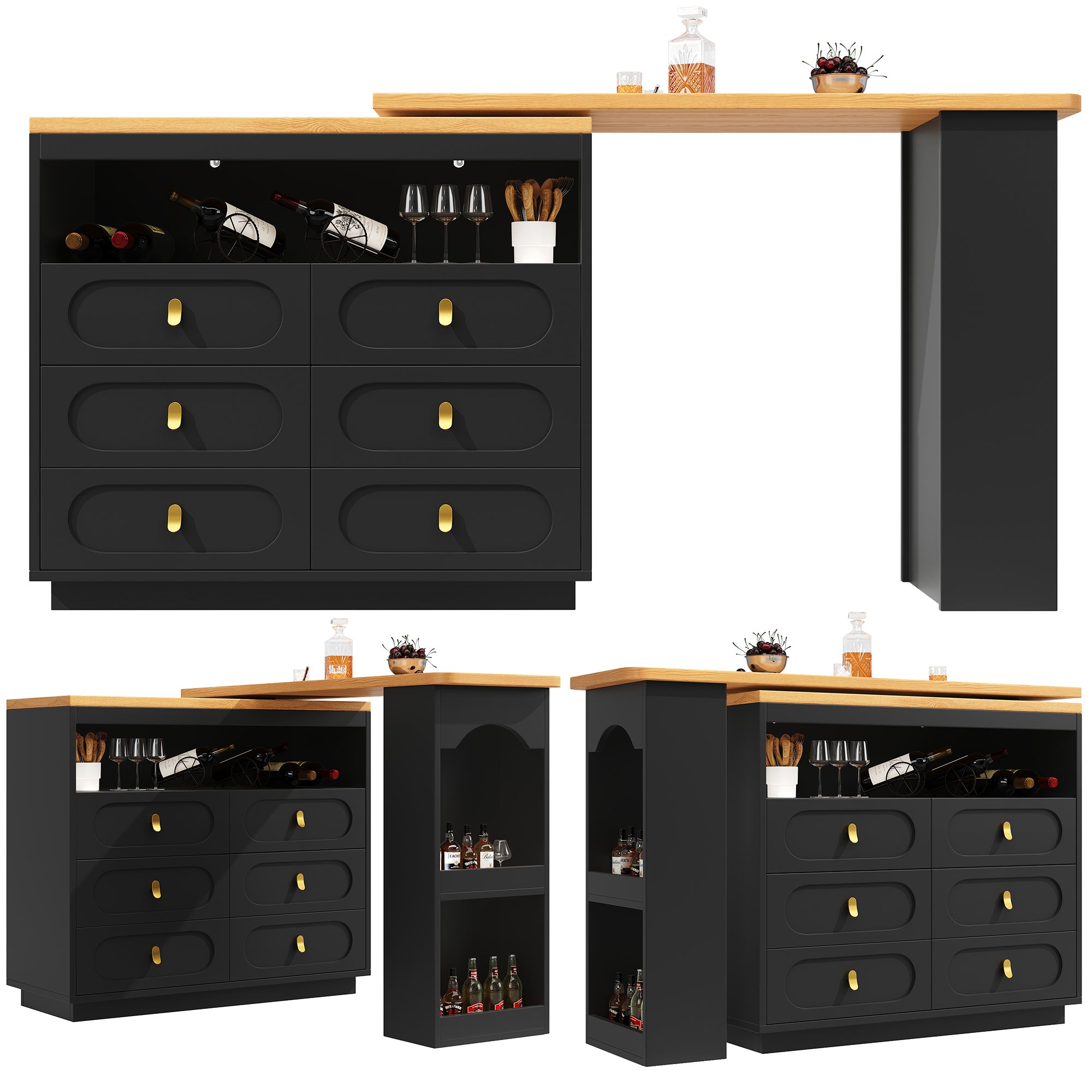Bar Table Extendable 360° Swivel Mobile Storage Drawers - Black