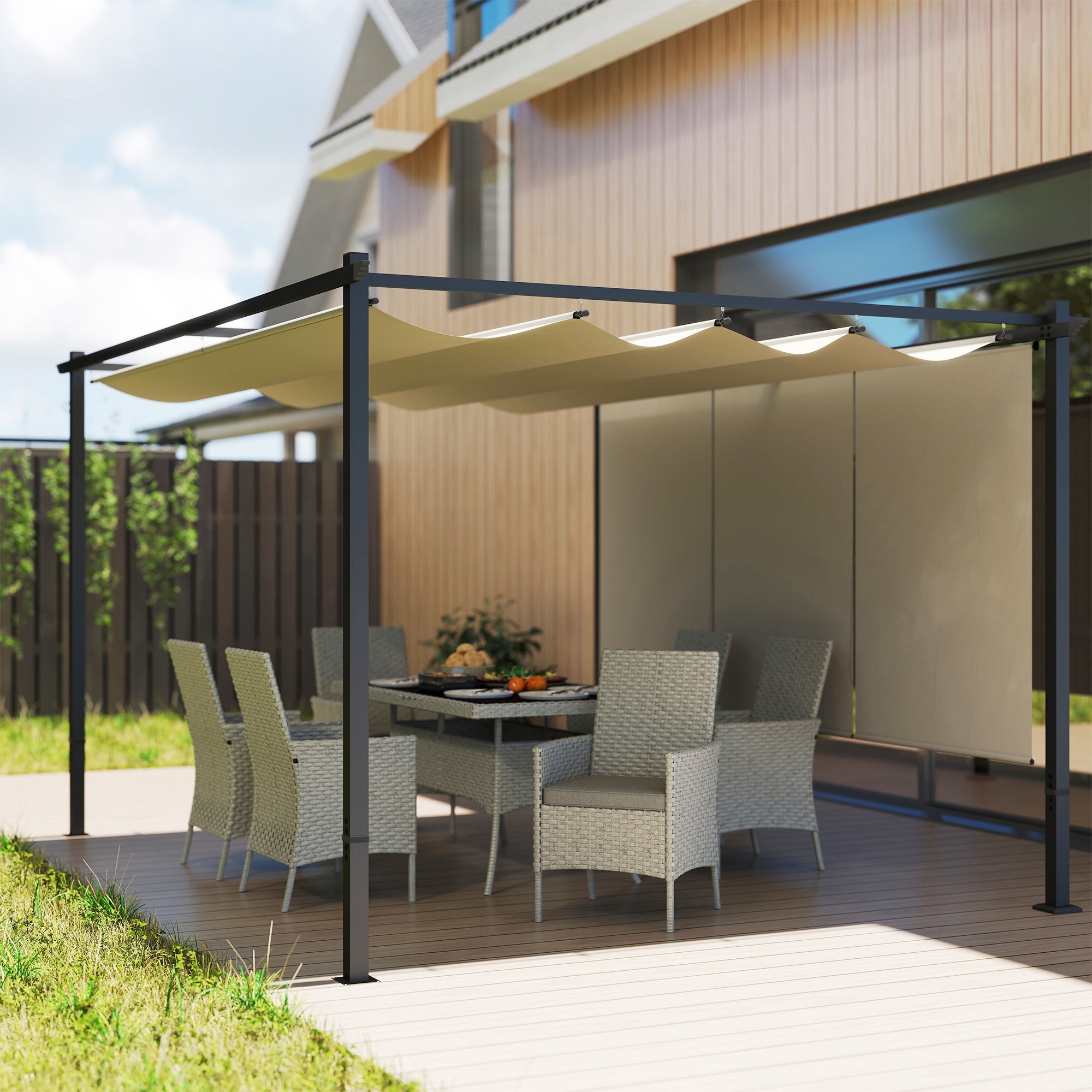Metal Pergola 3 x 4m Retractable Roof Roller Shade Canopy UPF30+ Beige