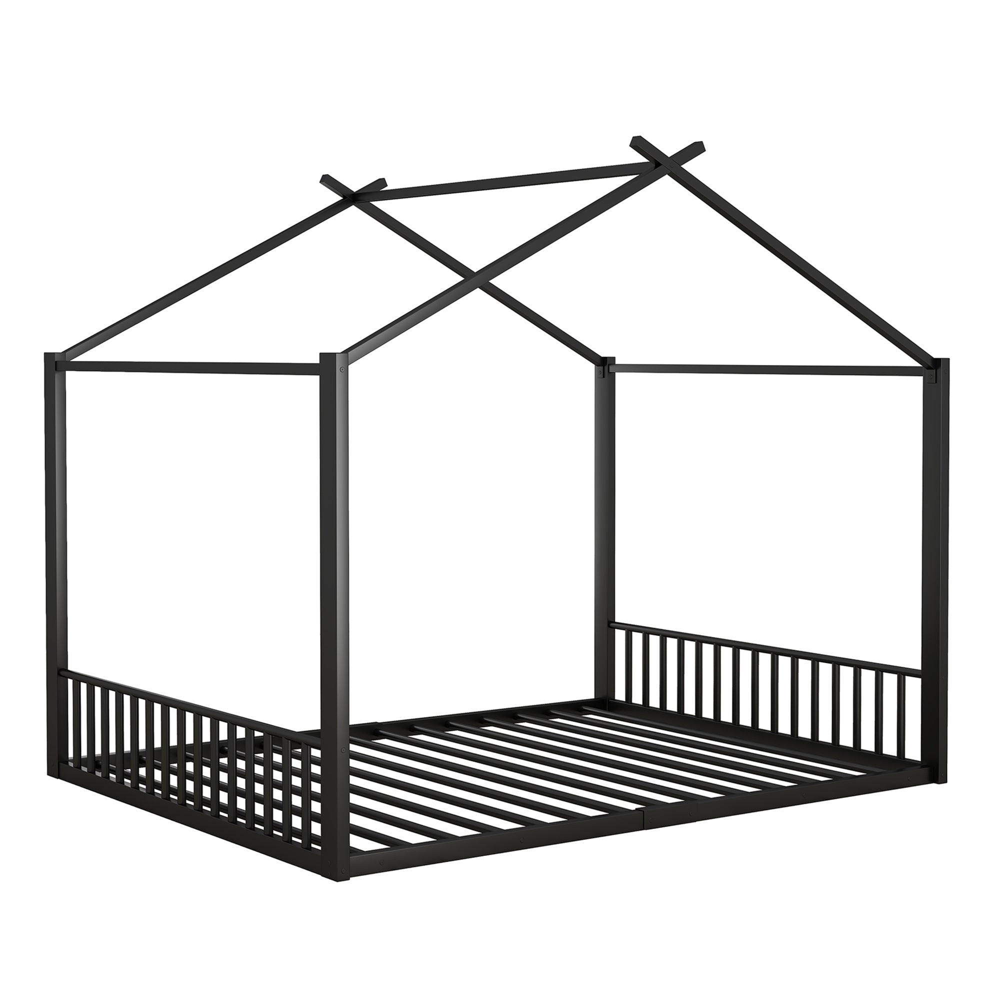 Children's Bed, 140x200cm House Rail Iron Frame, Black