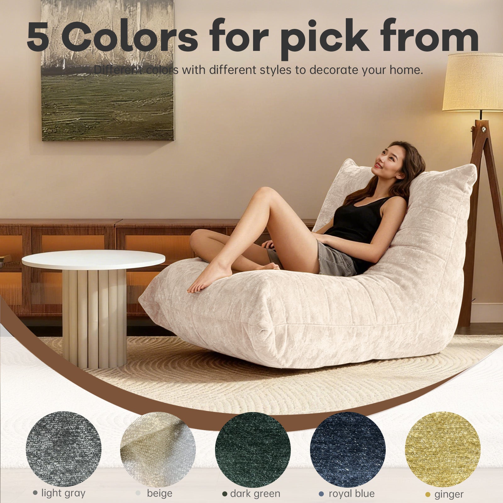 Luxury Bean Bag Lazy Sofa Neck Lumbar Hip Support, Easy Clean Chenille