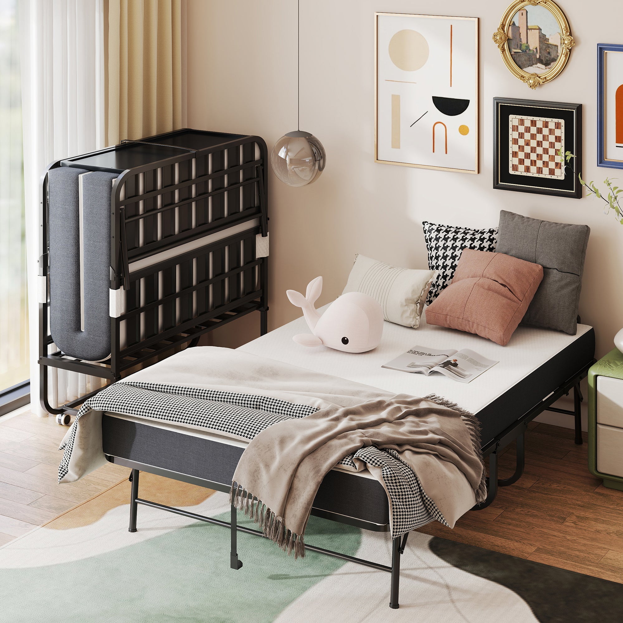 Folding Twin Bed Rollaway, 190x116cm with 9.5cm Memory Foam Mattress, Metal Frame